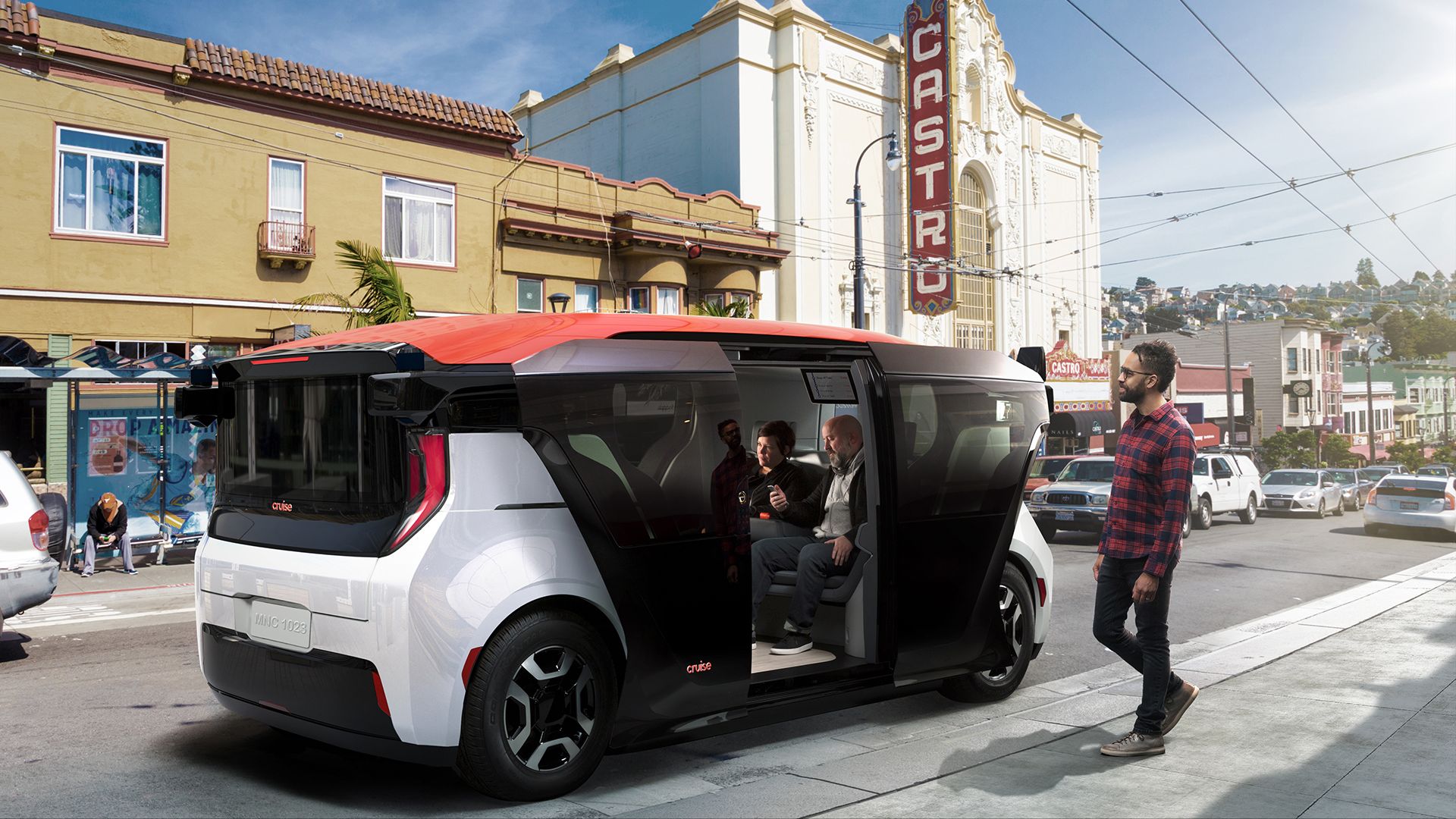Image of Cruise Origin, a boxy, 6-passenger, self-driving electric vehicle for ride-sharing.