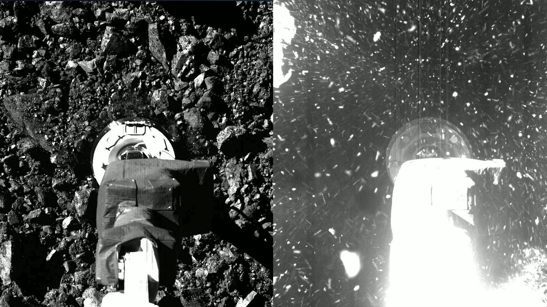 Two side by side black and white pictures showing the arm of a spacecraft touching the surface of an asteroid and kicking up particles