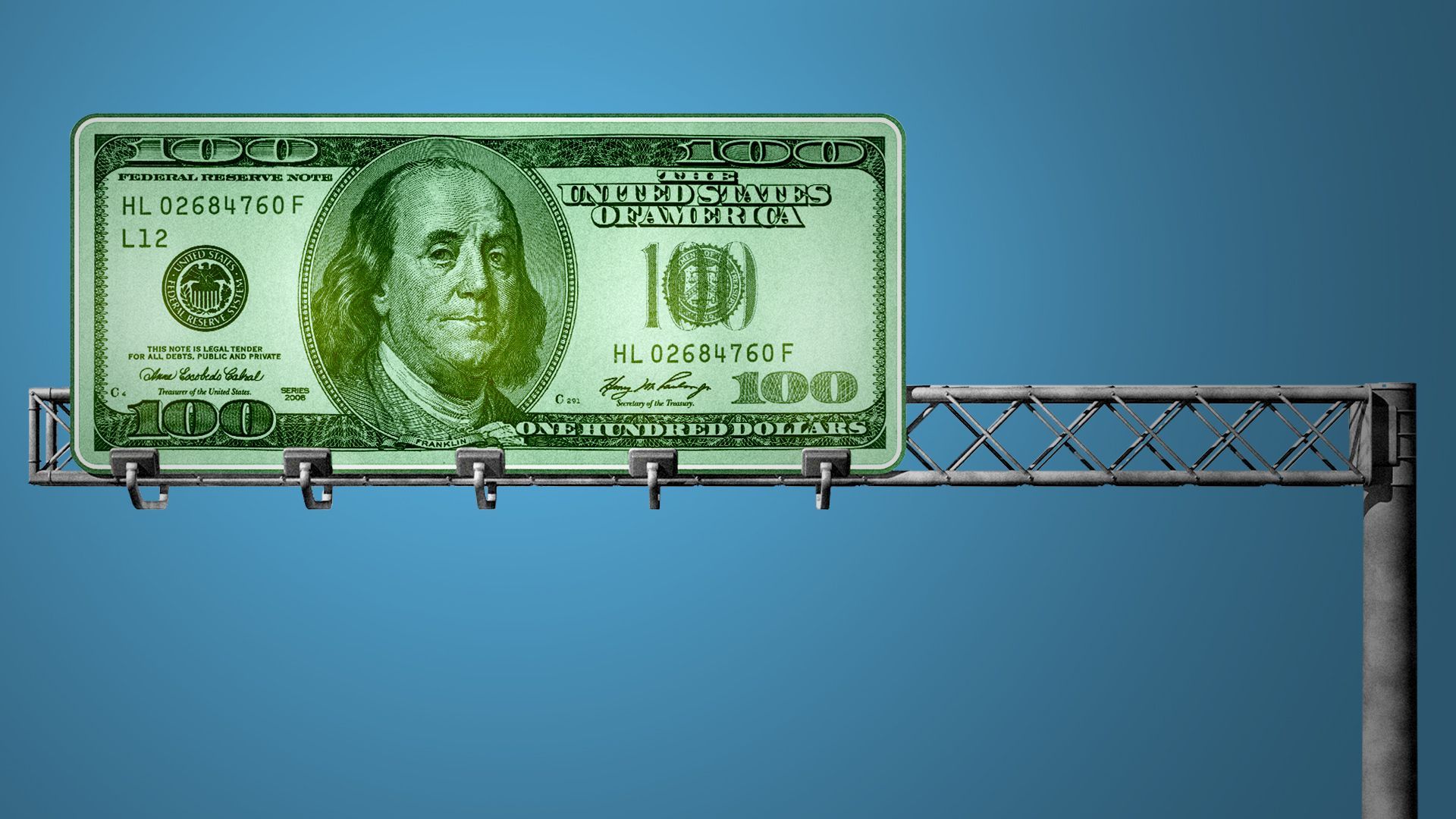 Illustration of a highway road sign made out of a giant hundred dollar bill.