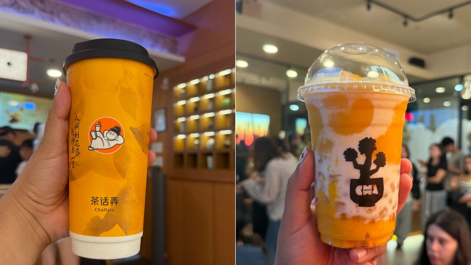 Split image showing two drinks: left—a tall yellow cup with a black lid held in a cafe; right—a dome‑lid cup with orange and white swirls and a black palm-tree logo, held up inside a store.