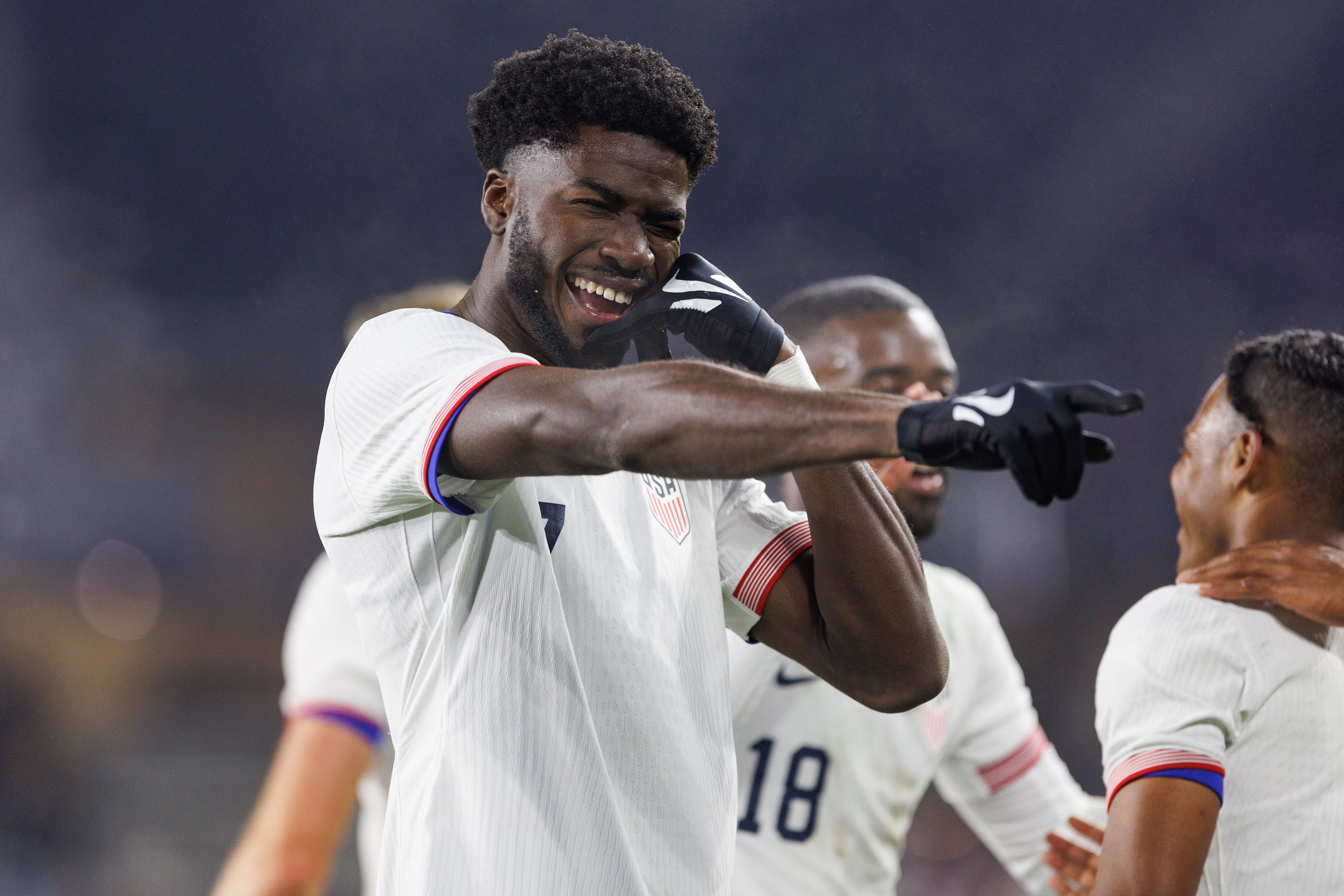 Patrick Agyemang #7 of the United States celebrates scoring a goal during a friendly match against Costa Rica at Inter&Co Stadium on January 22, 2025 in Orlando, Florida. (Photo by Andrea Vilchez/ISI Photos/USSF/Getty Images for USSF)