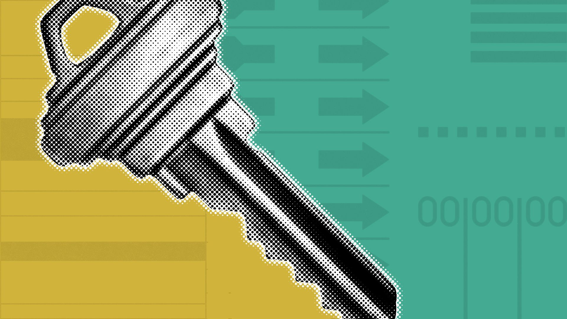 Illustration of a key separating green and gold colored blocks, with elements of ballots in the background.