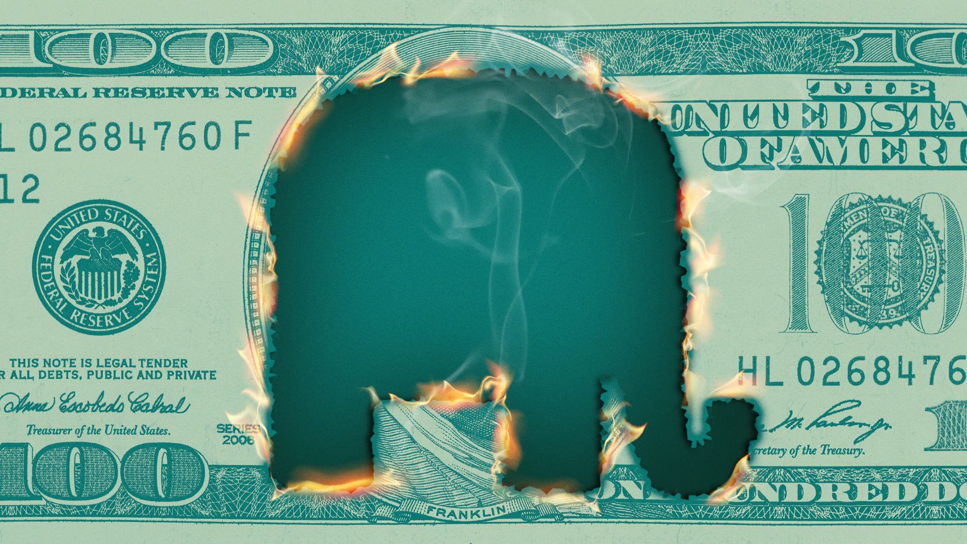 Illustration of a hundred dollar bill burned in the shape of the GOP elephant.