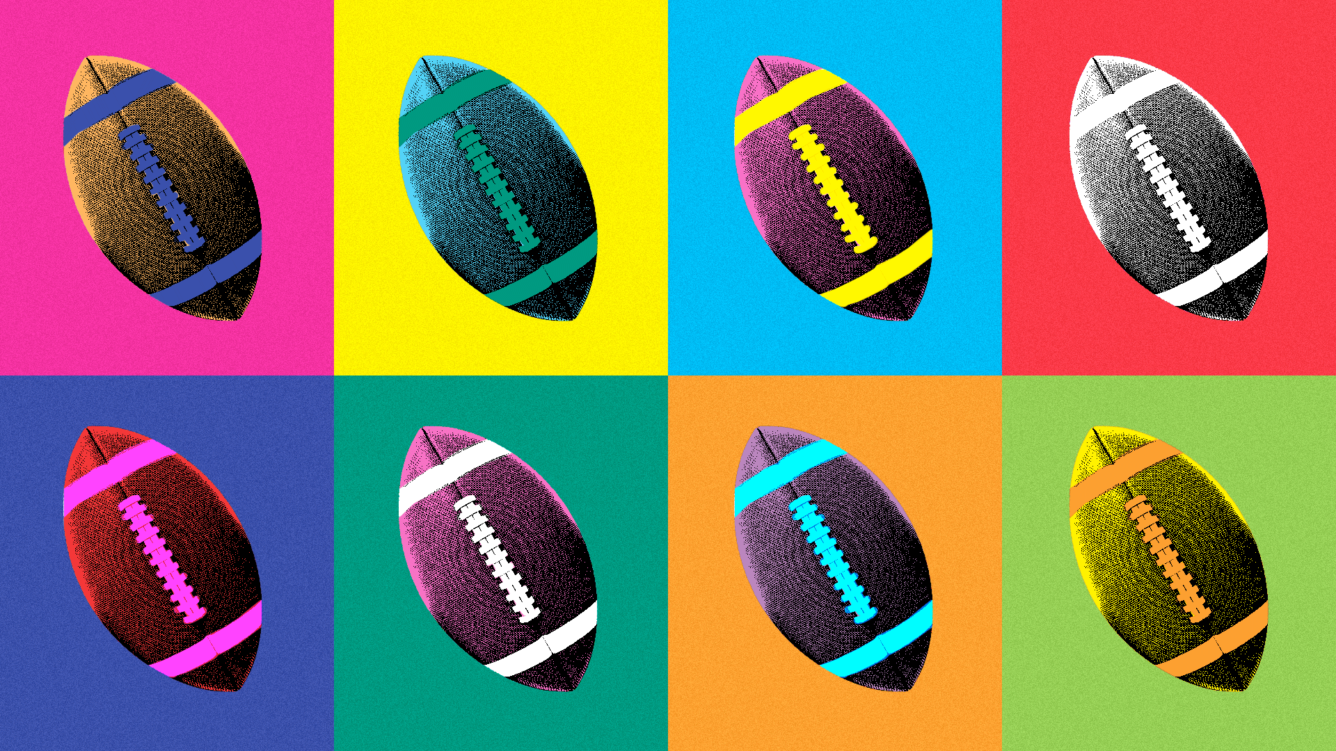 Illustration of eight footballs colorized in various colors and backgrounds, in a Warhol-like style.