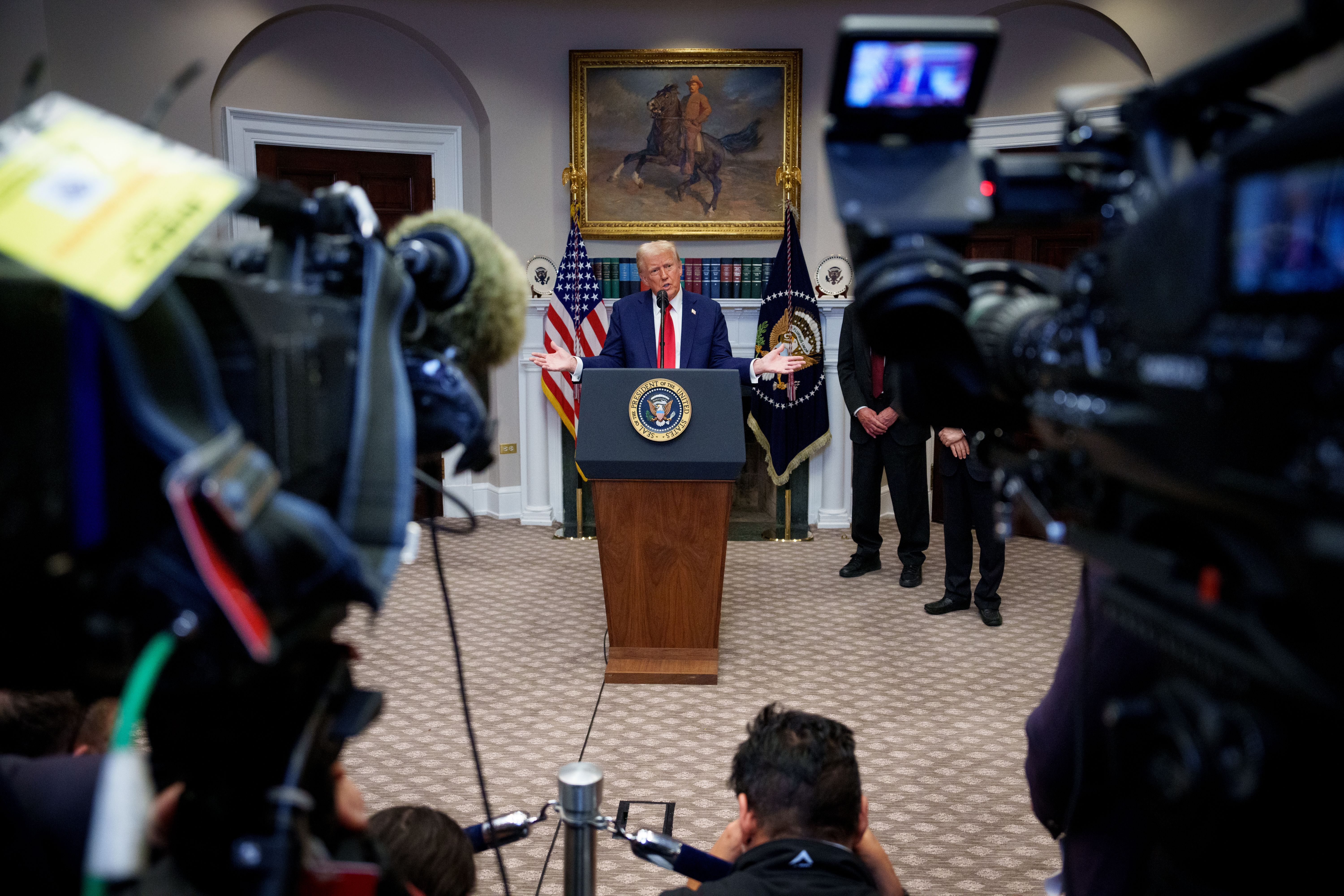 President Donald Trump speaks during a news conference in the Roosevelt Room of the White House on January 21, 2025 in Washington, DC. Trump announced an investment in artificial intelligence (AI) infrastructure and took questions on a range of topics including his presidential pardons of Jan. 6 def