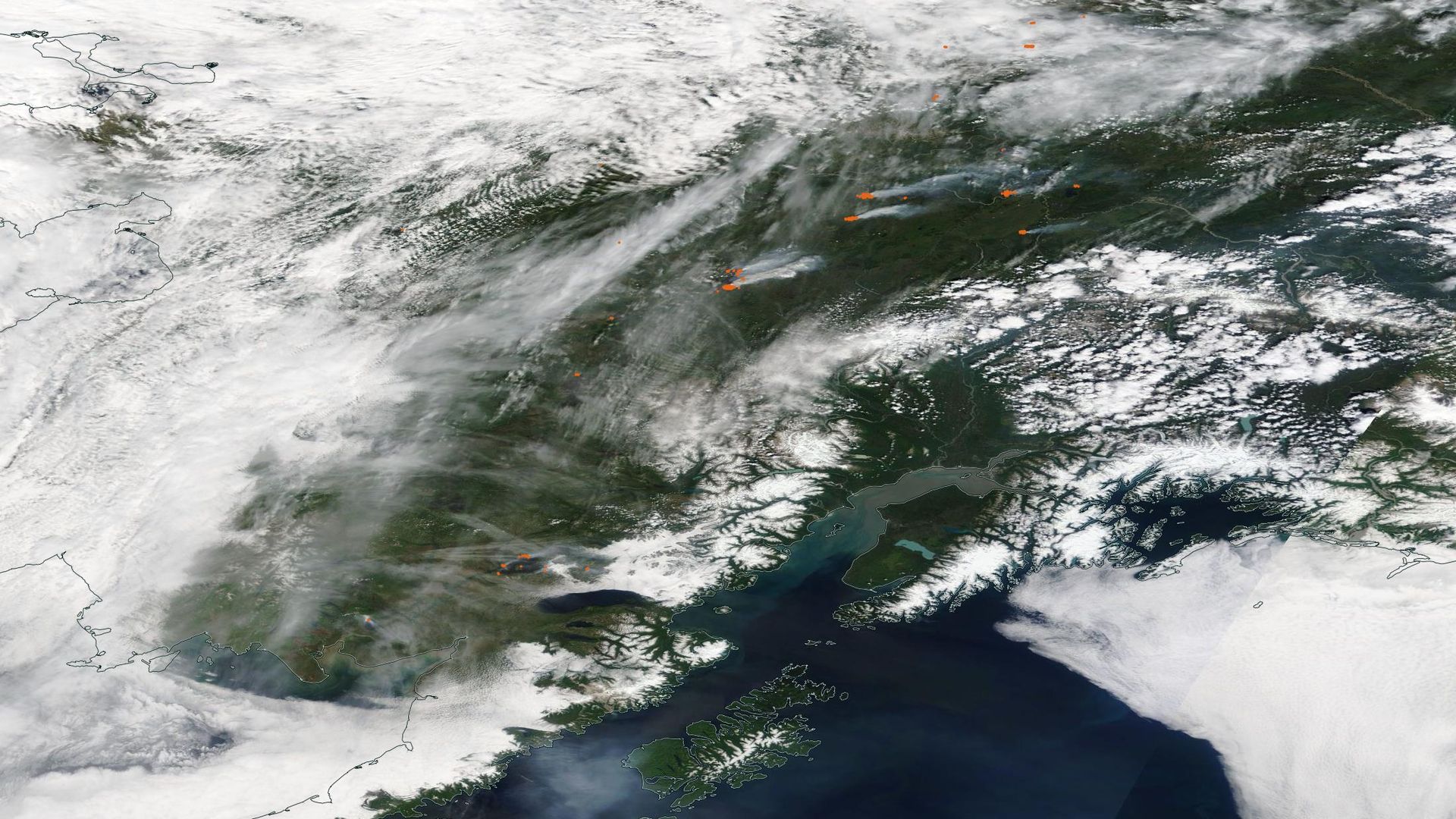 A NASA satellite image captures smoke from Alaska's wildfires on Wednesday.