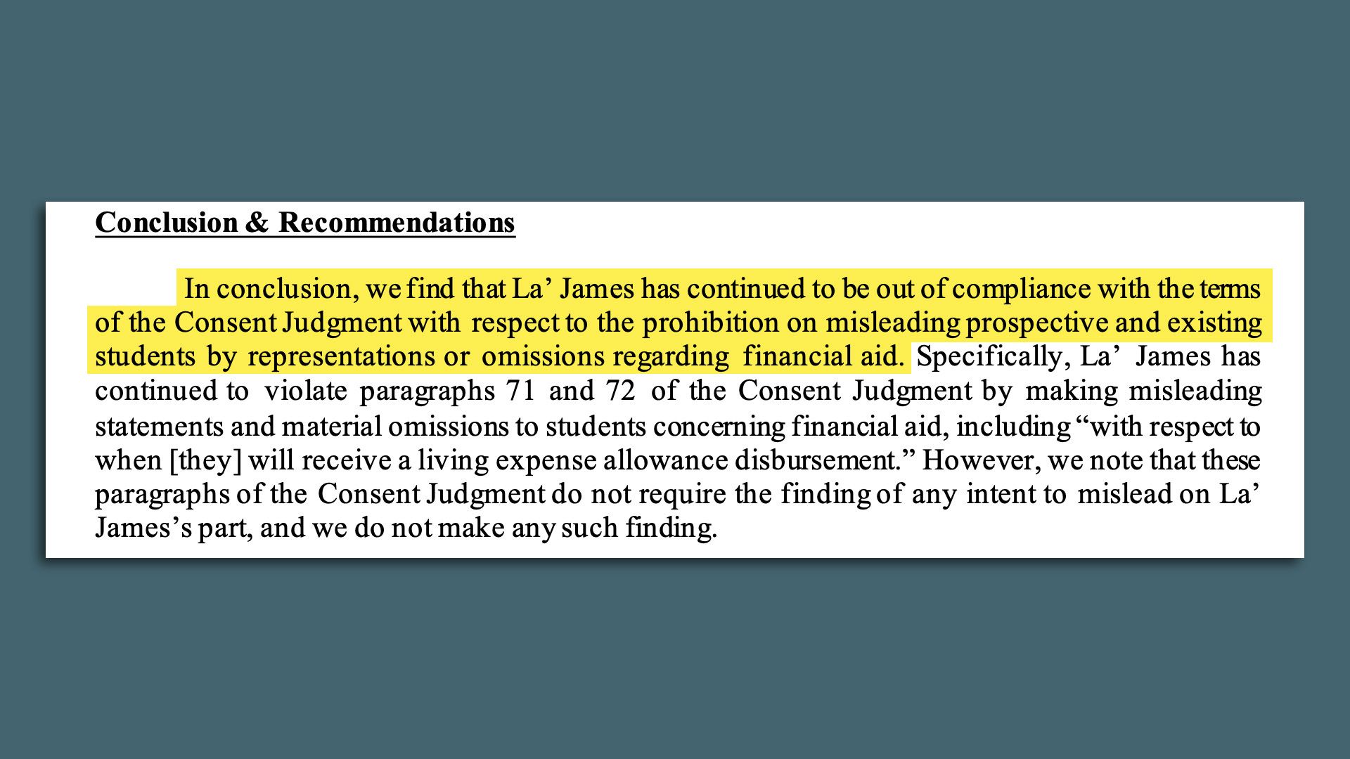 A photo highlighting conclusions about La' James by the Iowa Attorney General's office.