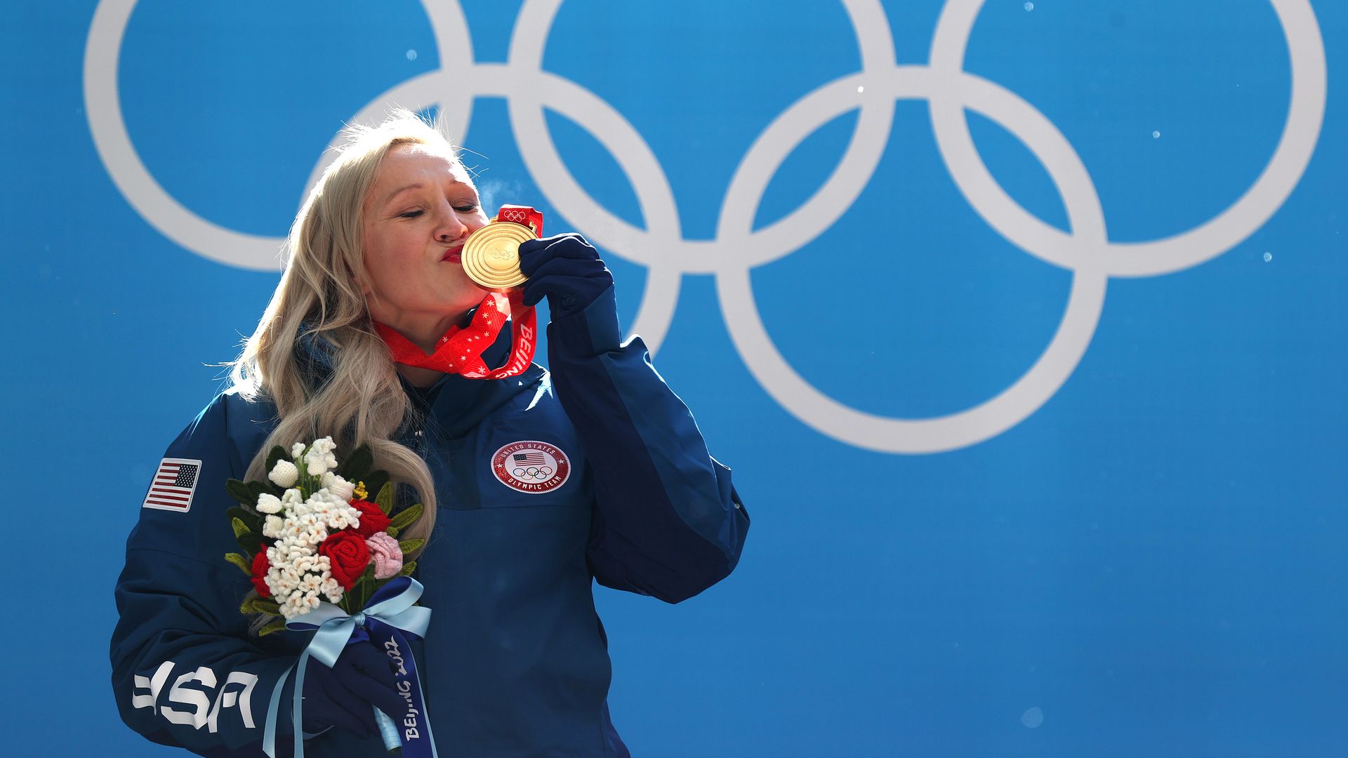Gold medallist Kaillie Humphries of Team USA during the Women's Monobob Bobsleigh medal ceremony at the Winter Olympic Games on February 14, 2022 in Yanqing, China. 
