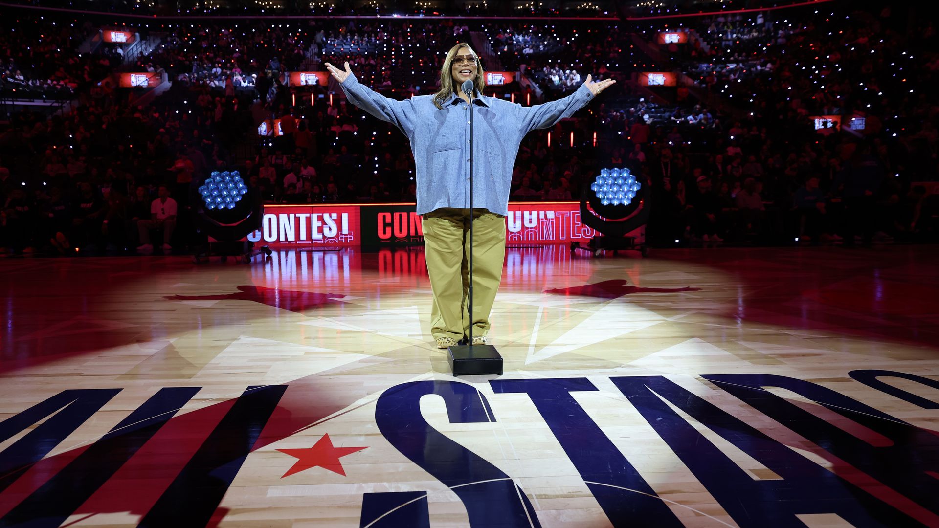 Queen Latifah speaking during the 2026 NBA All-Star Weekend.