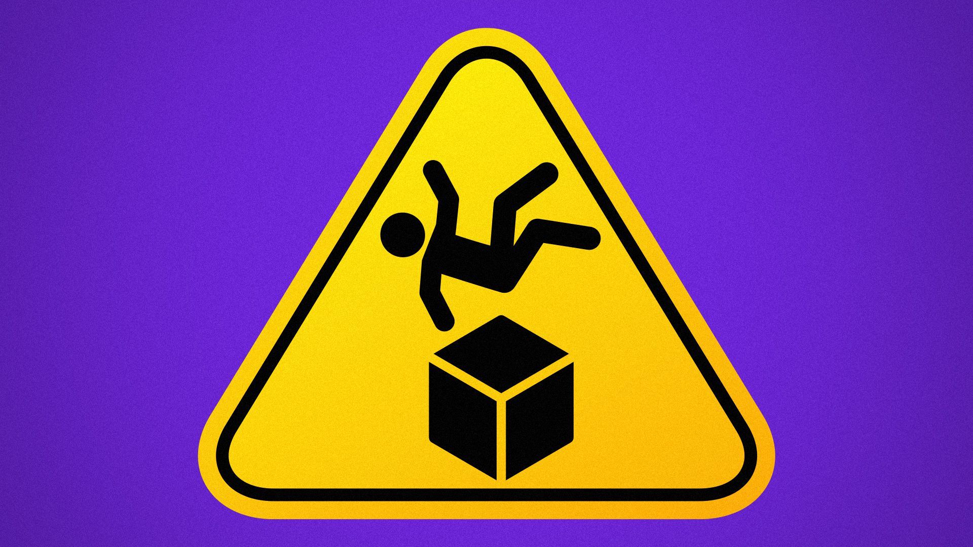 Illustration of a caution sign with a person falling off of a cube.