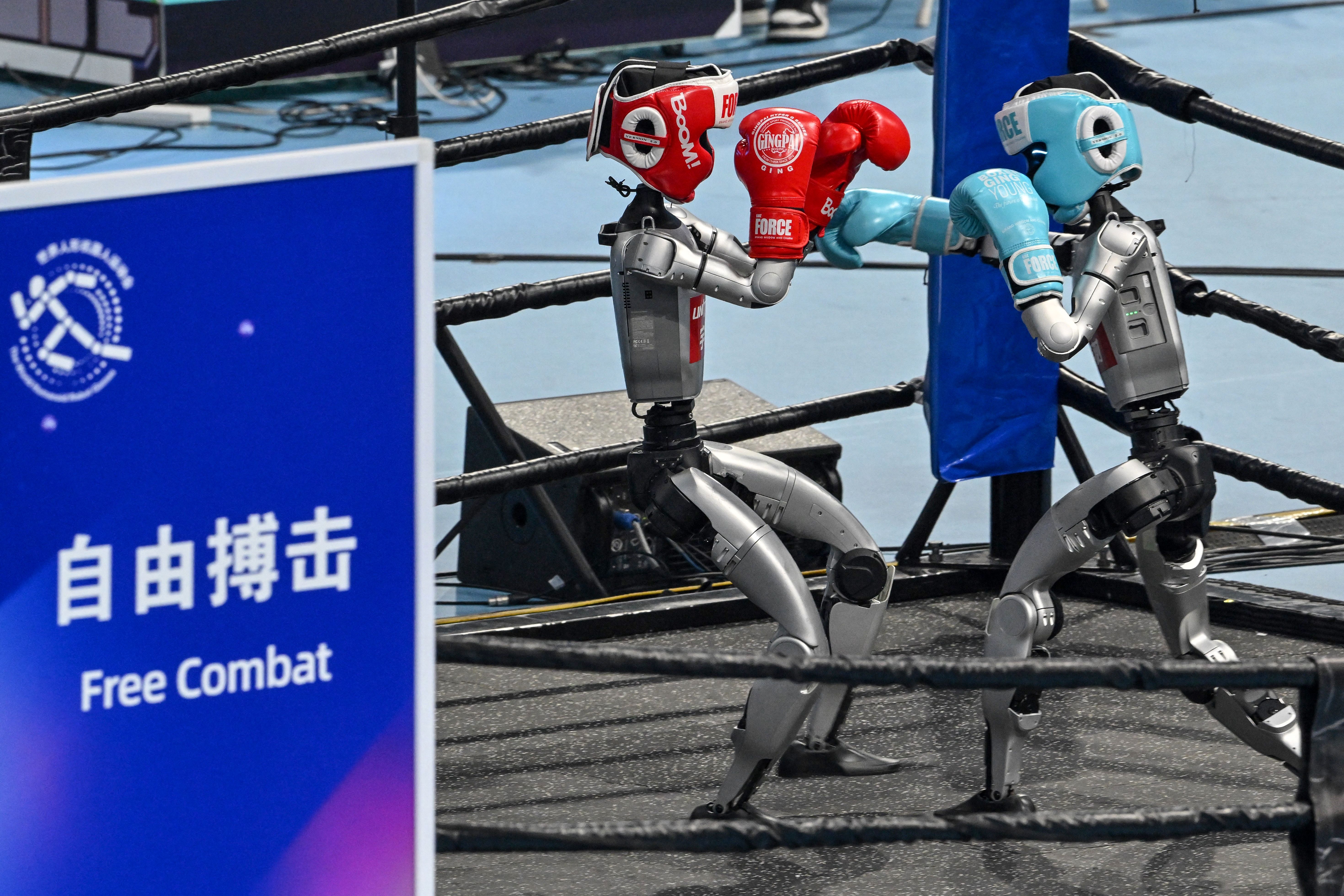 Two robots box during the opening ceremony for the World Humanoid Robot Games in Beijing yesterday.