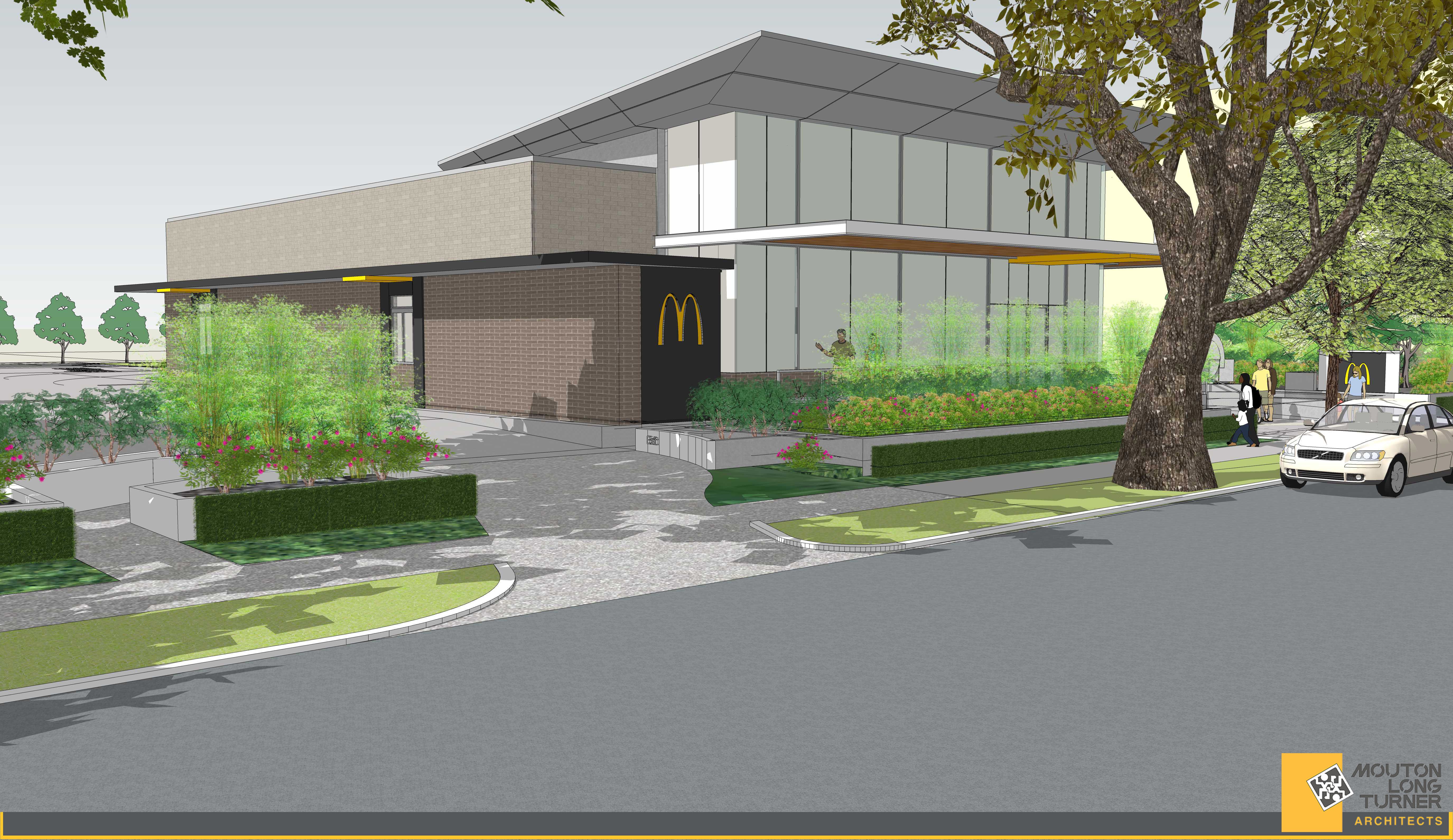 A rendering of the new St. Charles Avenue McDonald's viewed from the drive-through side. Cars from the drive-through will exit directly onto St. Charles Avenue.