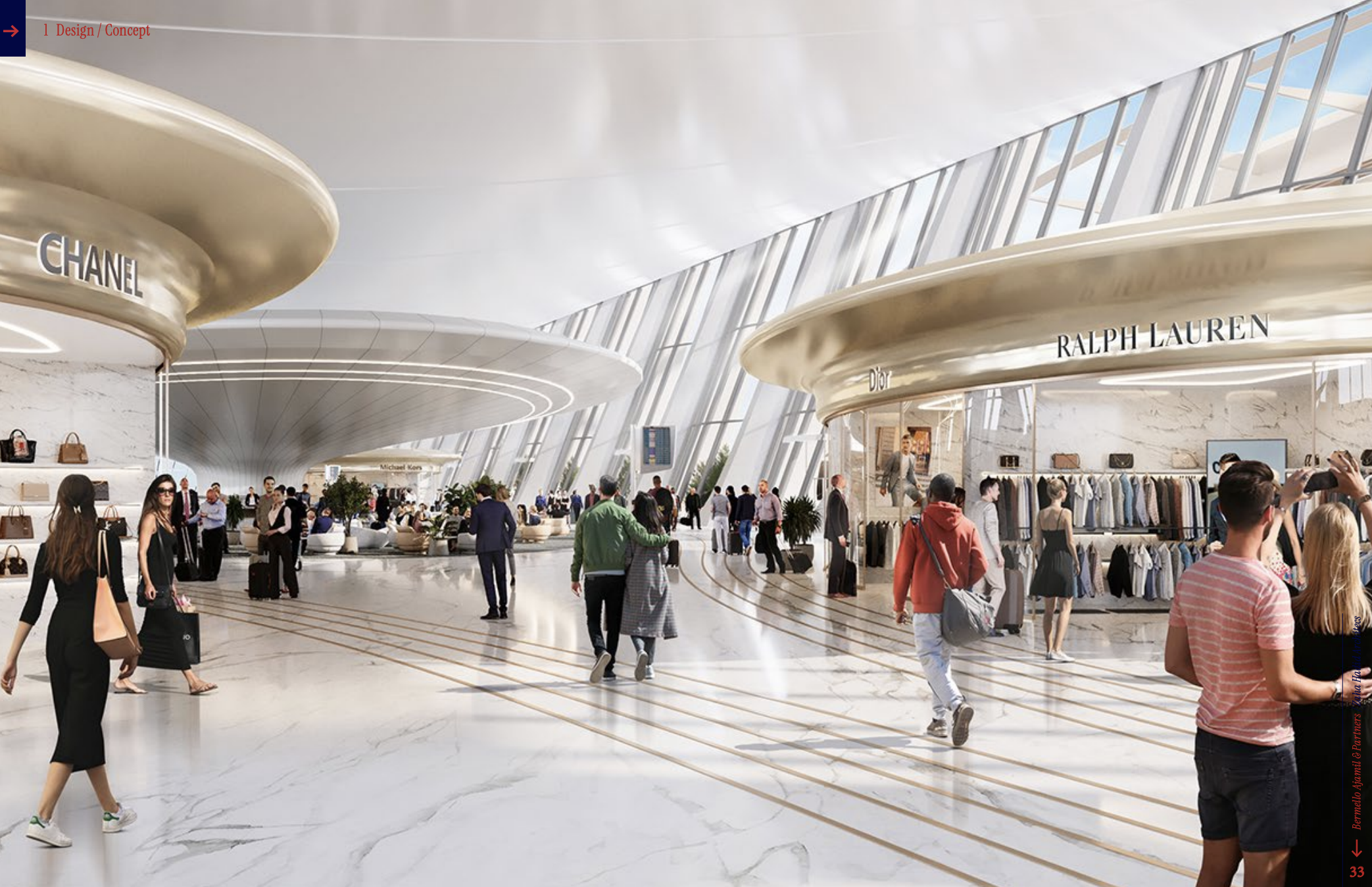 Bright, modern airport or mall interior with large curved gold ceiling features, marble floors, designer stores like Chanel, Ralph Lauren, Dior, and people walking or shopping under angled skylights.