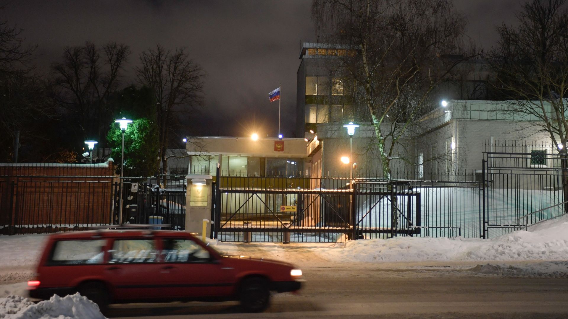 A car driving past the Russian embassy in Stockholm, Sweden, in February 2021.