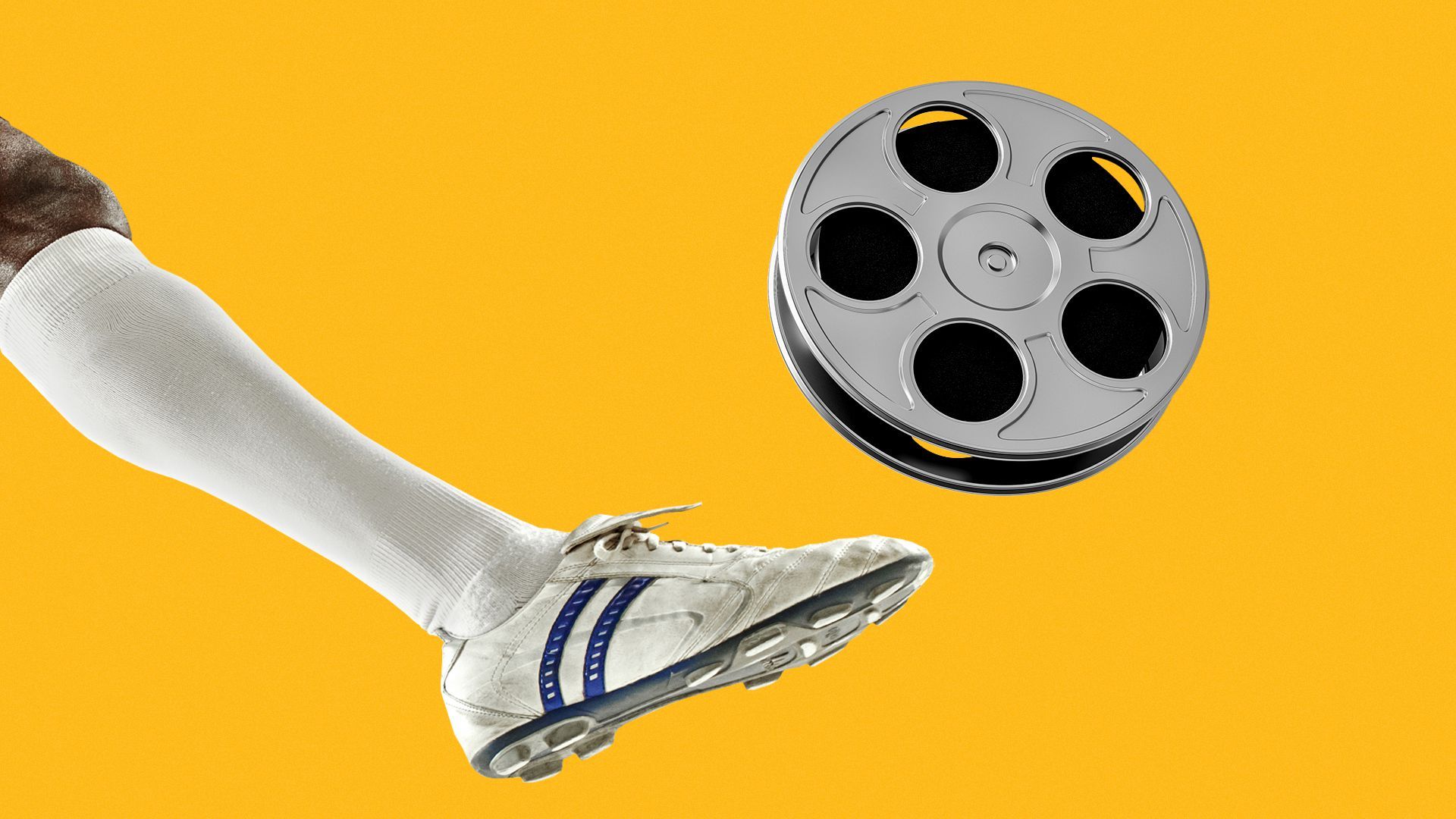 Illustration of a soccer cleat kicking a film reel