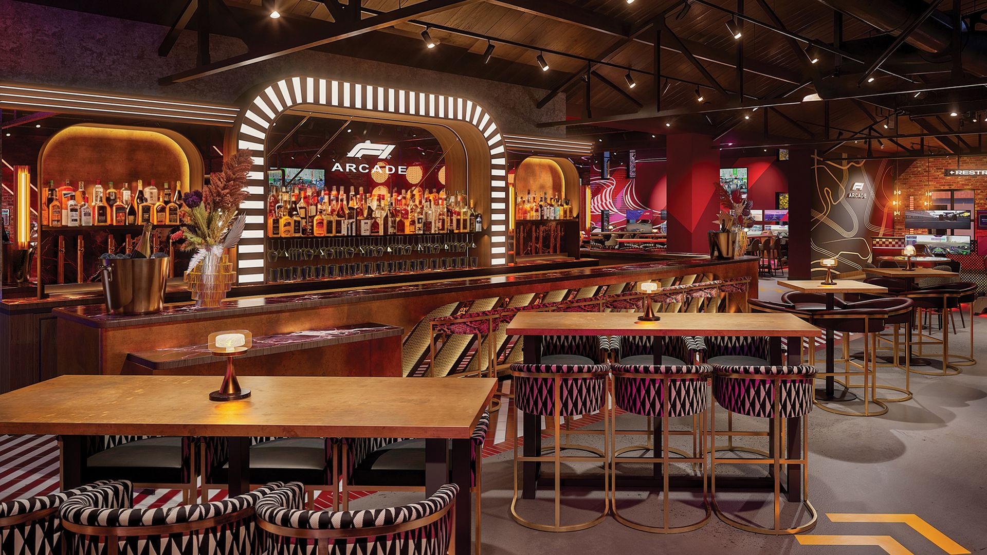 A bar with low lighting, multiple tables and a huge bar set in a stylish way.