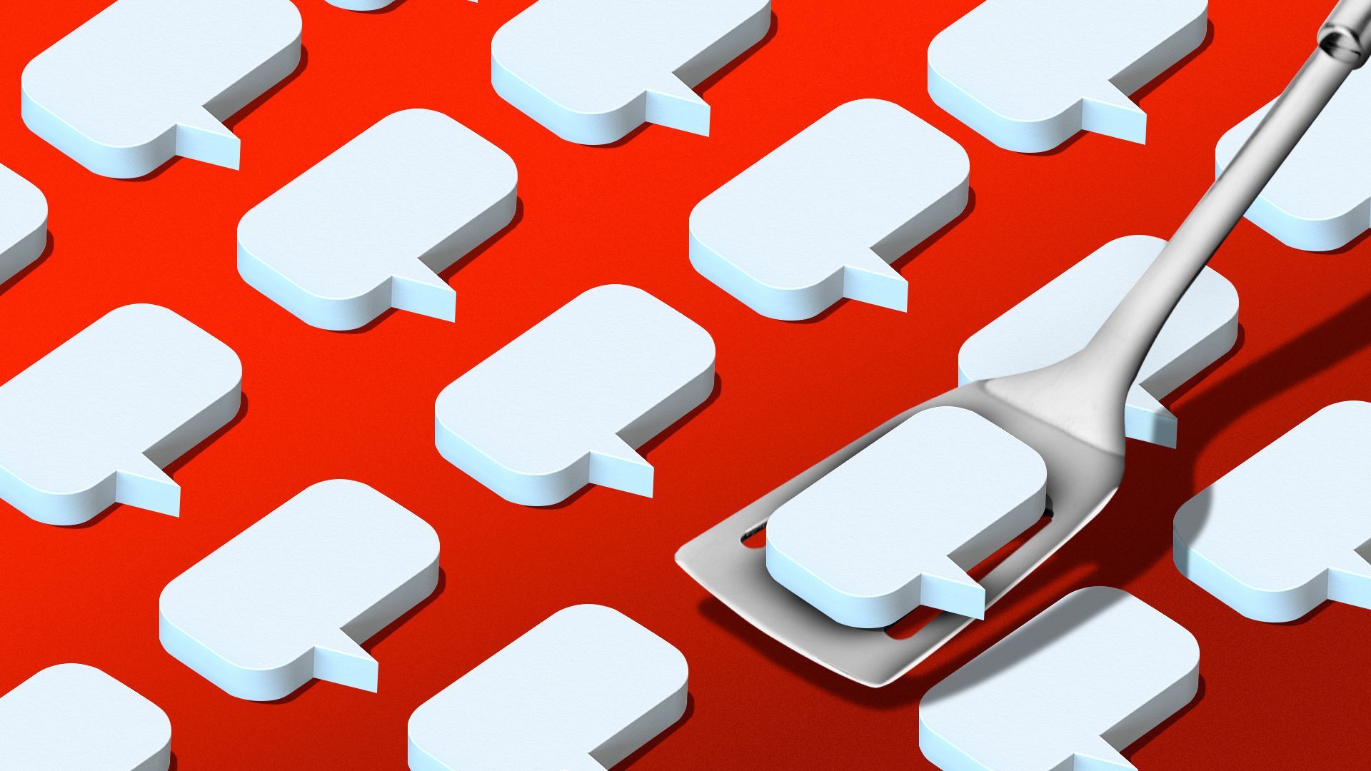 Illustration of a pattern of speech bubbles with one on a spatula about to be flipped. 