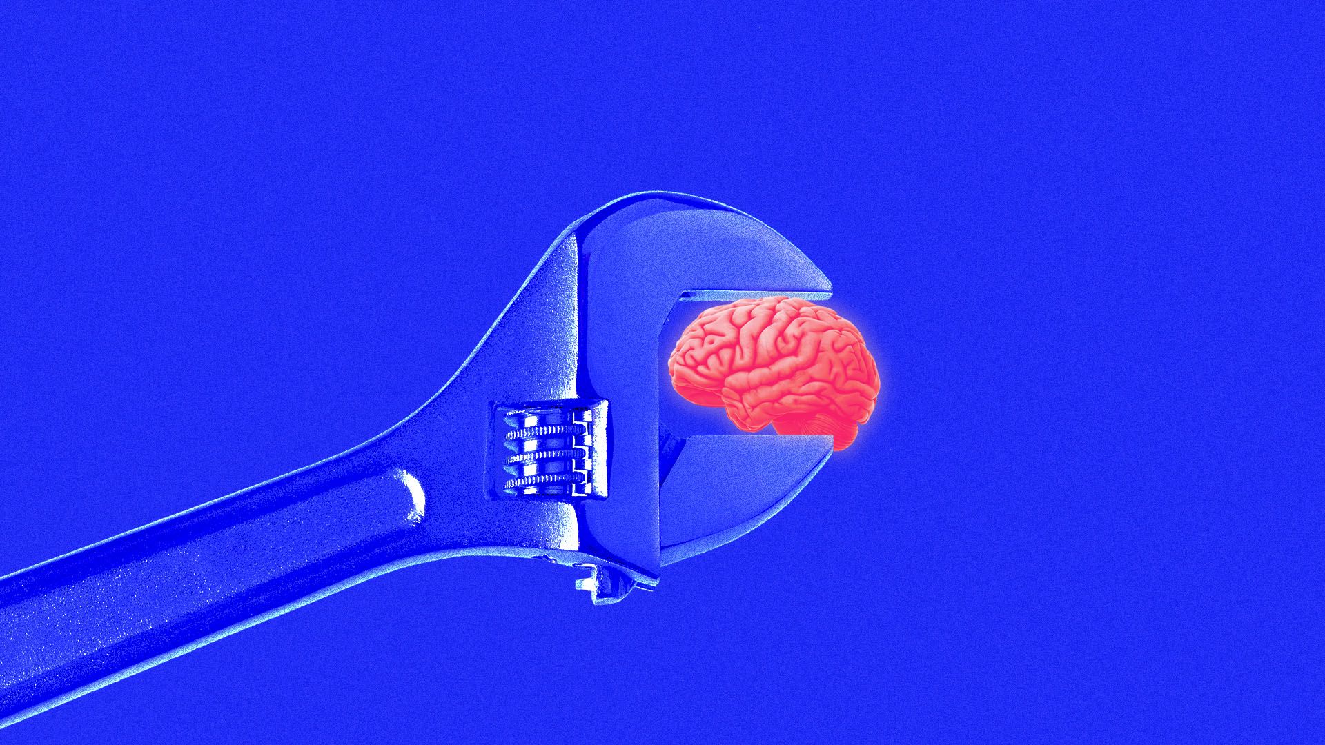 Illustration of a giant wrench around a human brain.