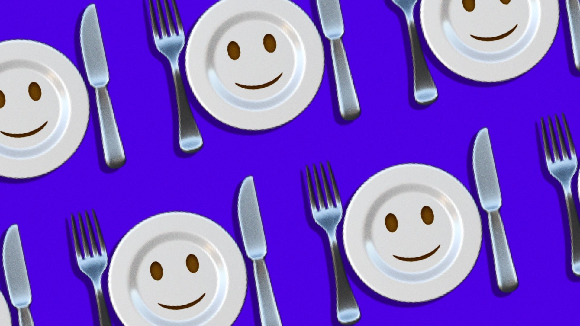Illustration of repeating dinner plate emojis with smiley faces on them.