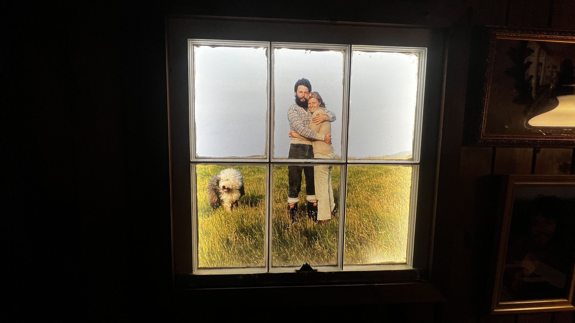 Multi-pane window photo: a bearded man and a smiling woman hug in a sunlit grassy field, with a fluffy dog nearby; the dark interior frames the bright outdoor scene.