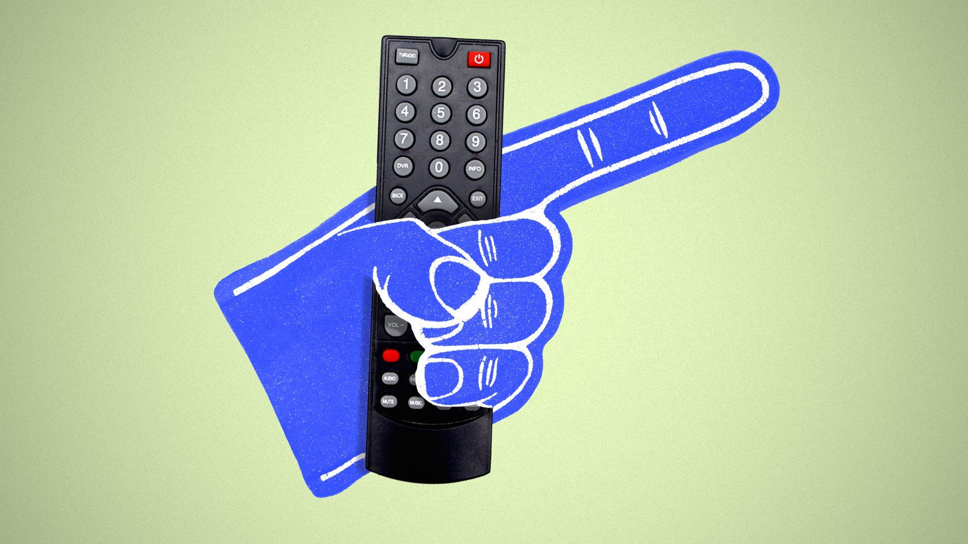 Illustration of a foam hand holding a TV remote.