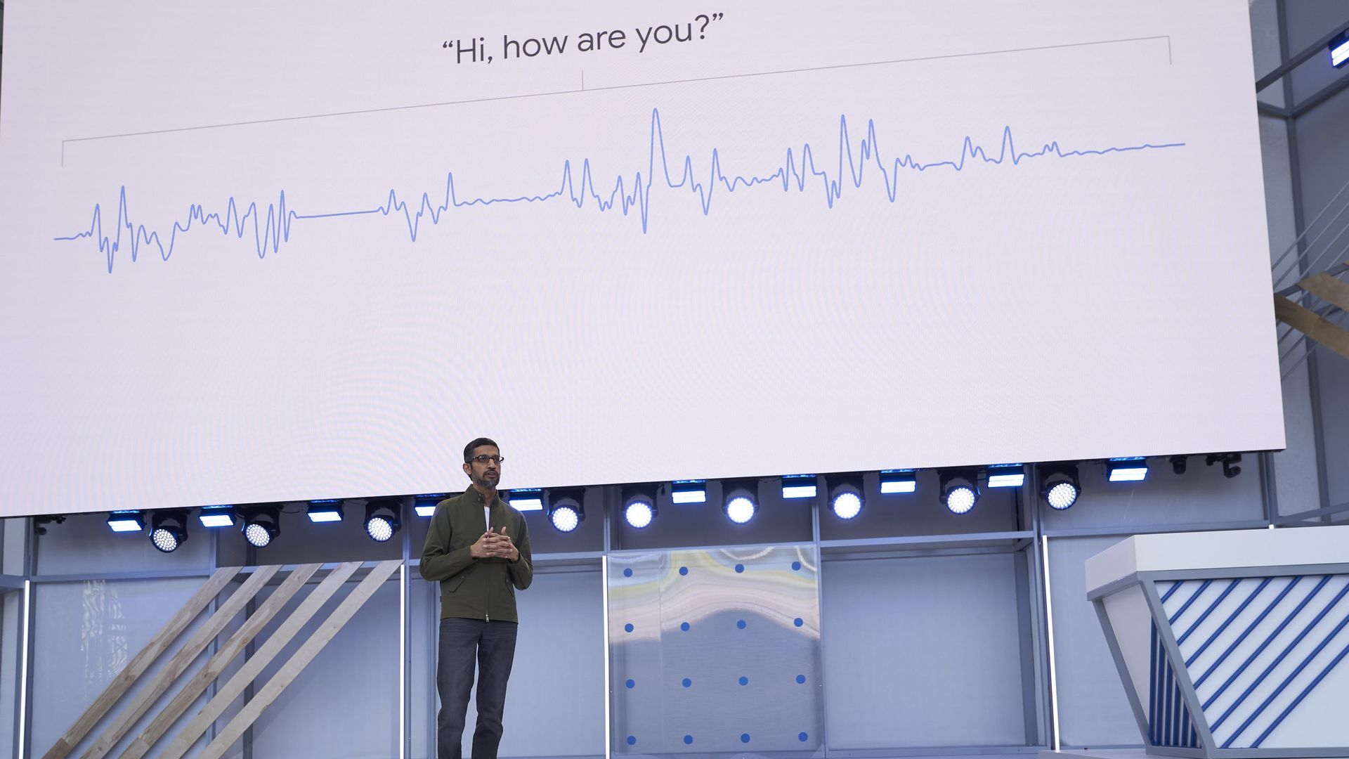 Google CEO Sundar Pichai, showing off the improved voice of the Google Assistant at I/O 2018. 