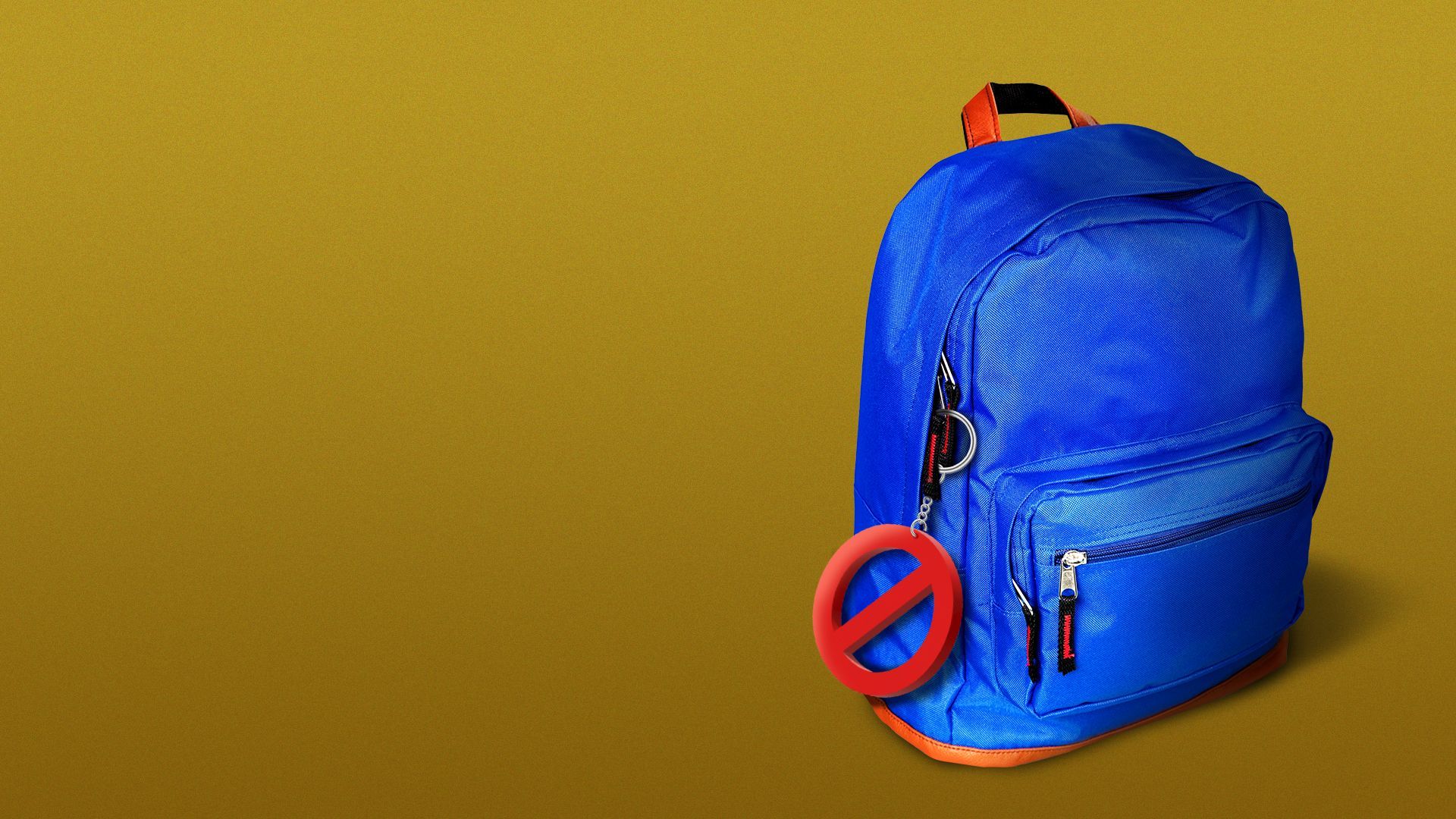 Illustration of a backpack with a "no" symbol keychain attached to it.