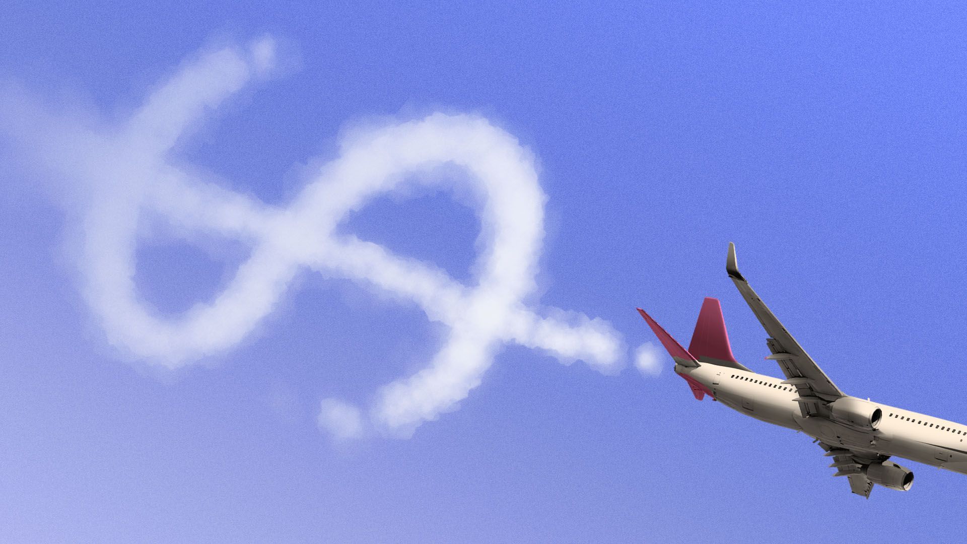 An illustration of an airplane with a money sign contrail. 