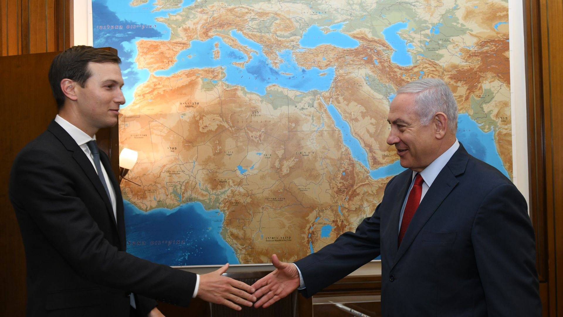 Israeli Prime Minister Benjamin Netanyahu greets Jared Kushner, then a senior White House adviser, in 2019. 