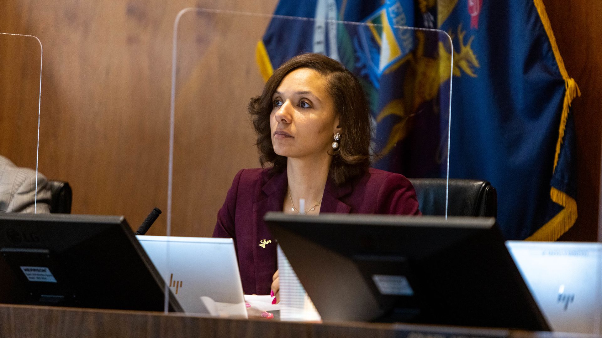 Council President Mary Sheffield sits at the table with other council members during session. 