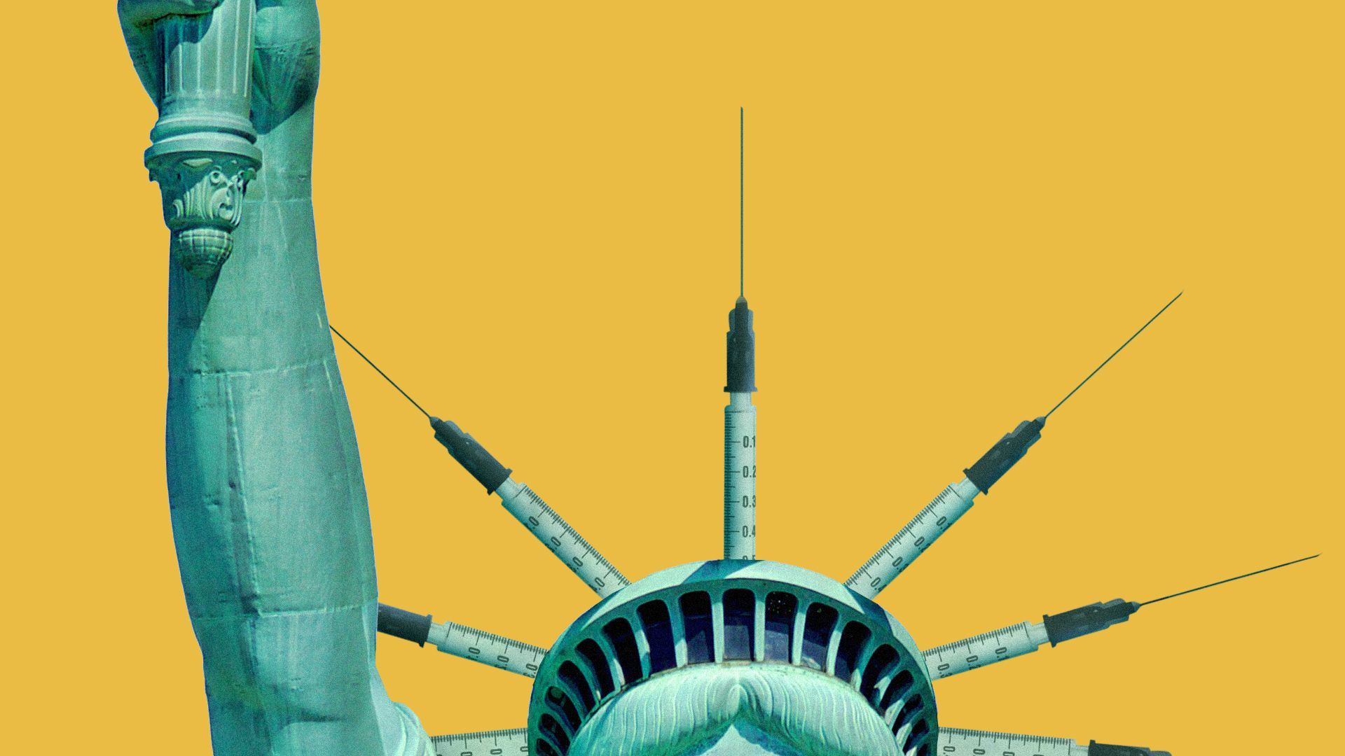 Illustration of the Statue of Liberty with syringes as part of the crown. 