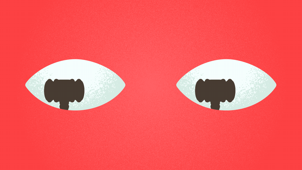 Illustration of eyes with gavels instead of pupils, moving around and blinking.