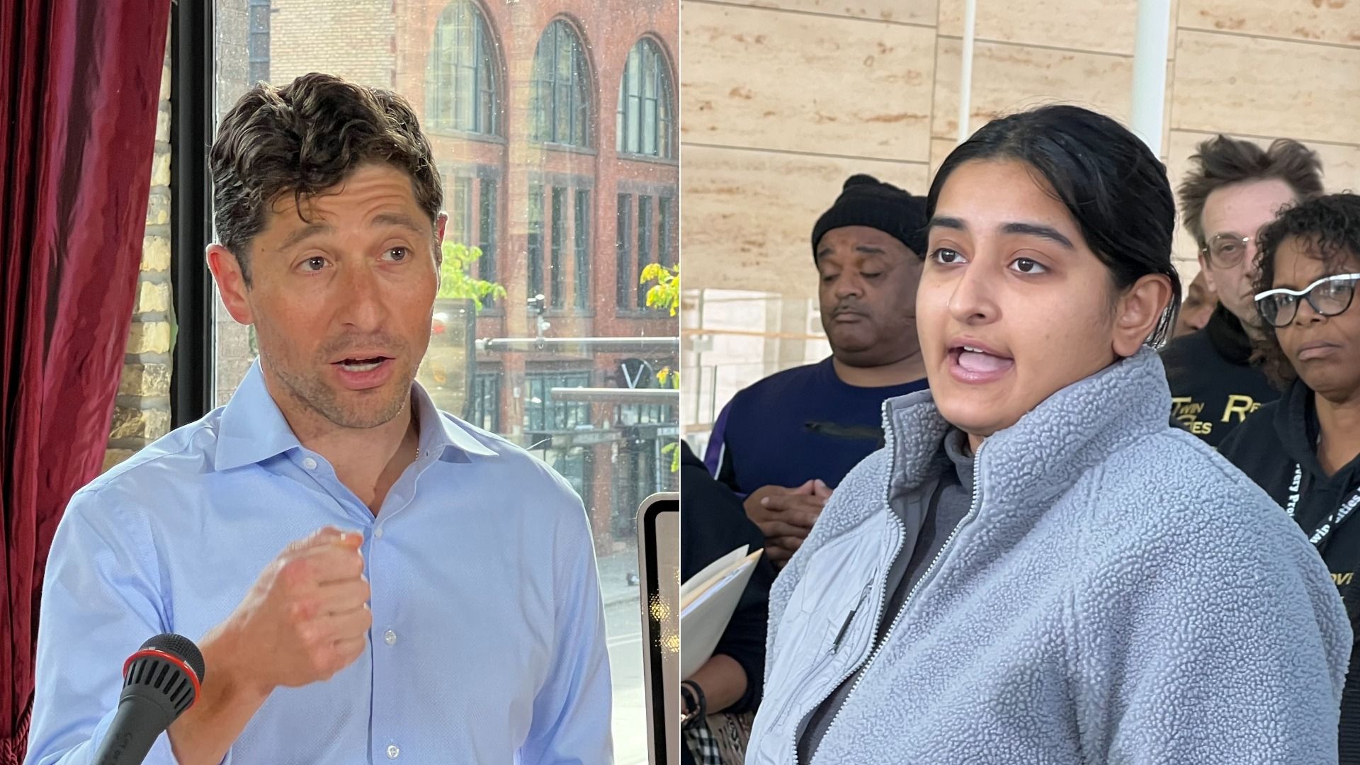 Split image: man in blue shirt speaking with hand raised by microphone on left; woman in gray fleece speaking with serious expression, people behind her on right.