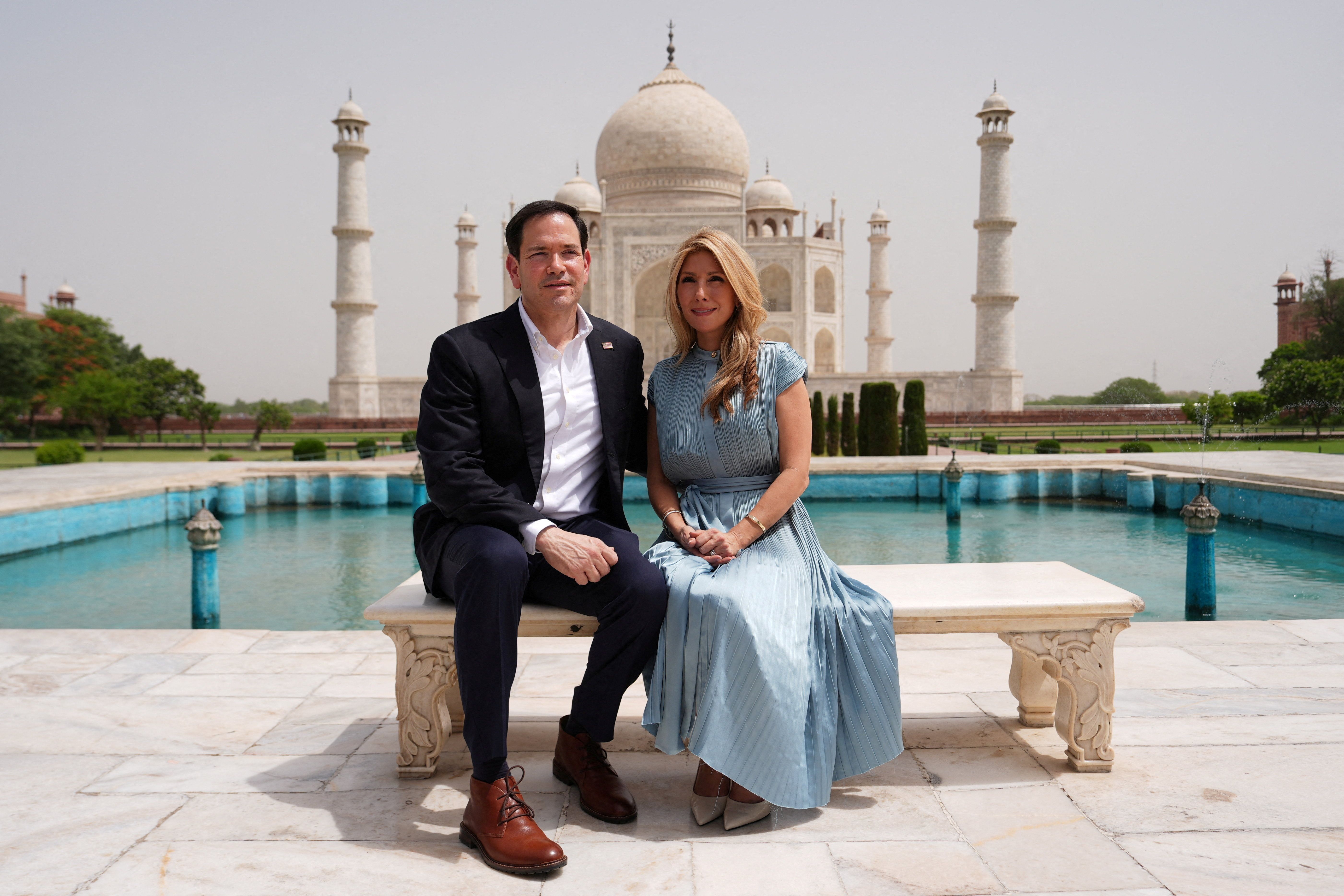 Secretary of State Marco Rubio and his wife, Jeanette Rubio, visit the Taj Mahal in Agra, India, yesterday.