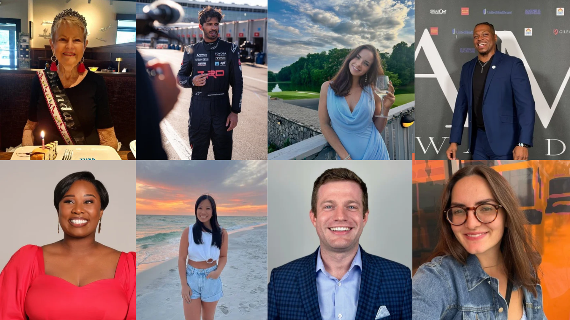 Eight-person collage: birthday cake, racecar driver, woman in light blue dress with drink, man in blue suit; bottom row: woman in red, sunset beach, man in blue checked blazer, woman in denim with glasses.
