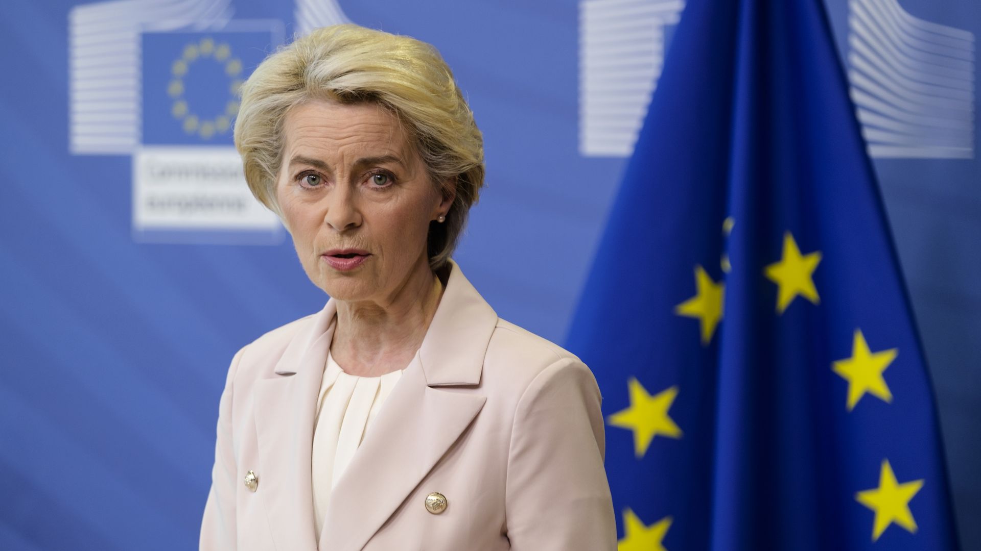 EU Commission President Ursula von der Leyen speaks to the press in the Berlaymont, the European Union Commission headquarter on April 27, 2022, in Brussels, Belgium. 