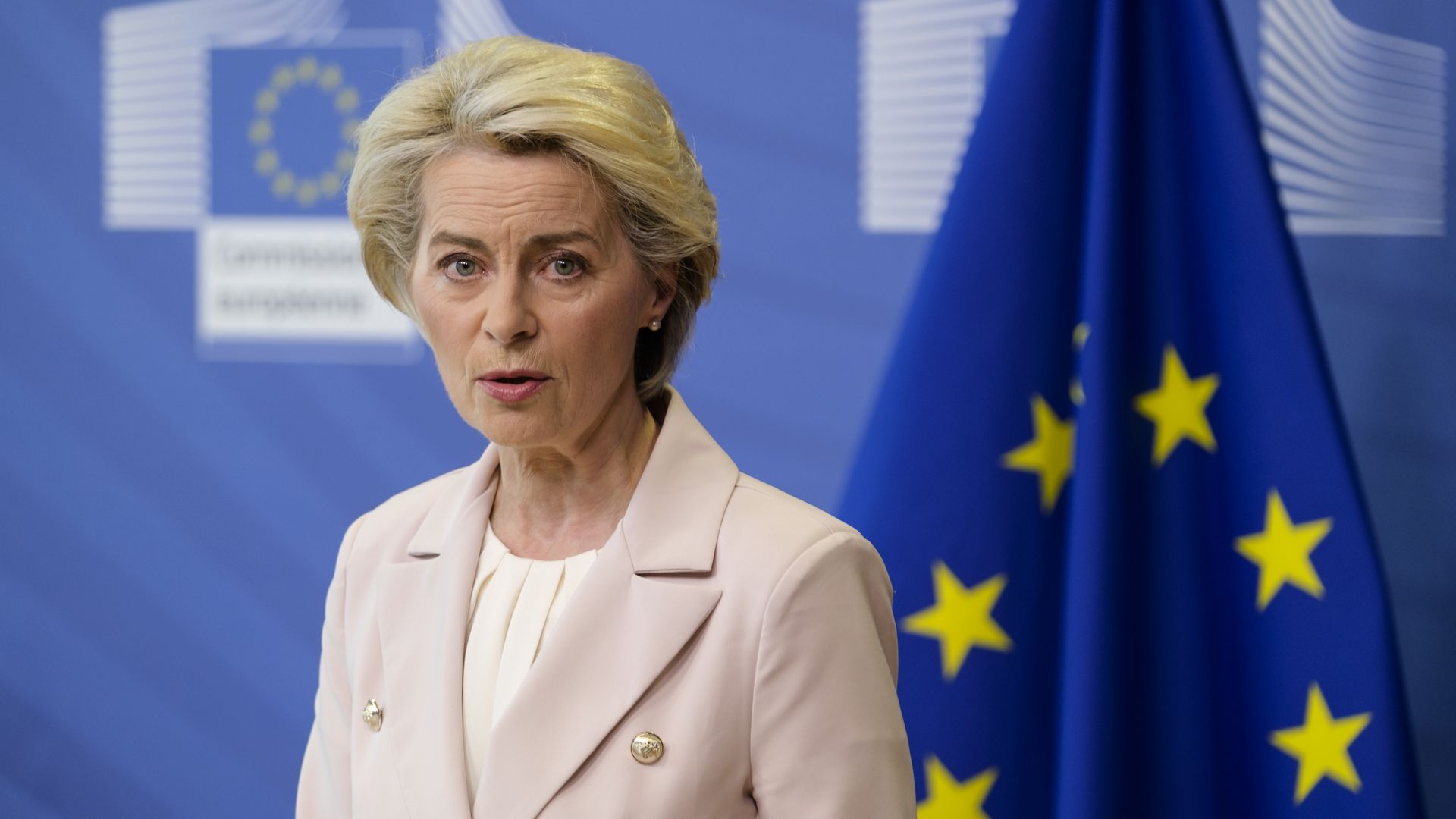 EU Commission President Ursula von der Leyen speaks to the press in the Berlaymont, the European Union Commission headquarter on April 27, 2022, in Brussels, Belgium.