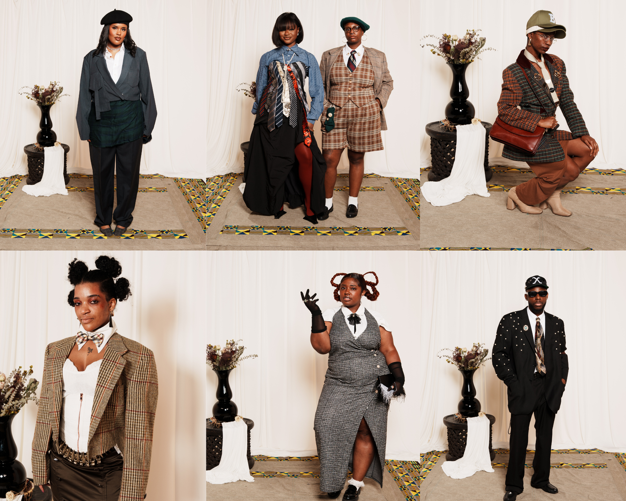 Charlotte's Met Gala event. Six diverse individuals showcase eclectic fashion with plaid blazers, ties, hats, and gloves, posing against a neutral backdrop with a vase of dried flowers on a side table.