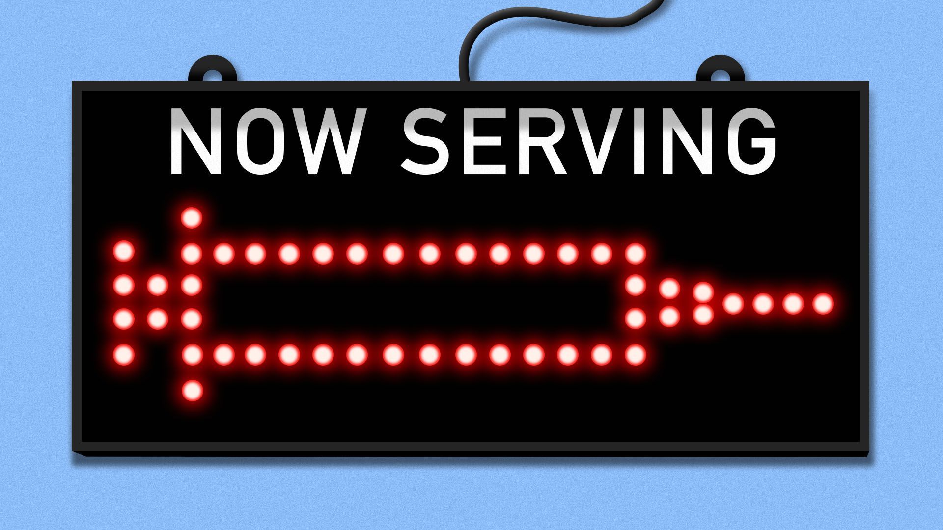Illustration of a "now serving" sign with a lit up syringe in the center