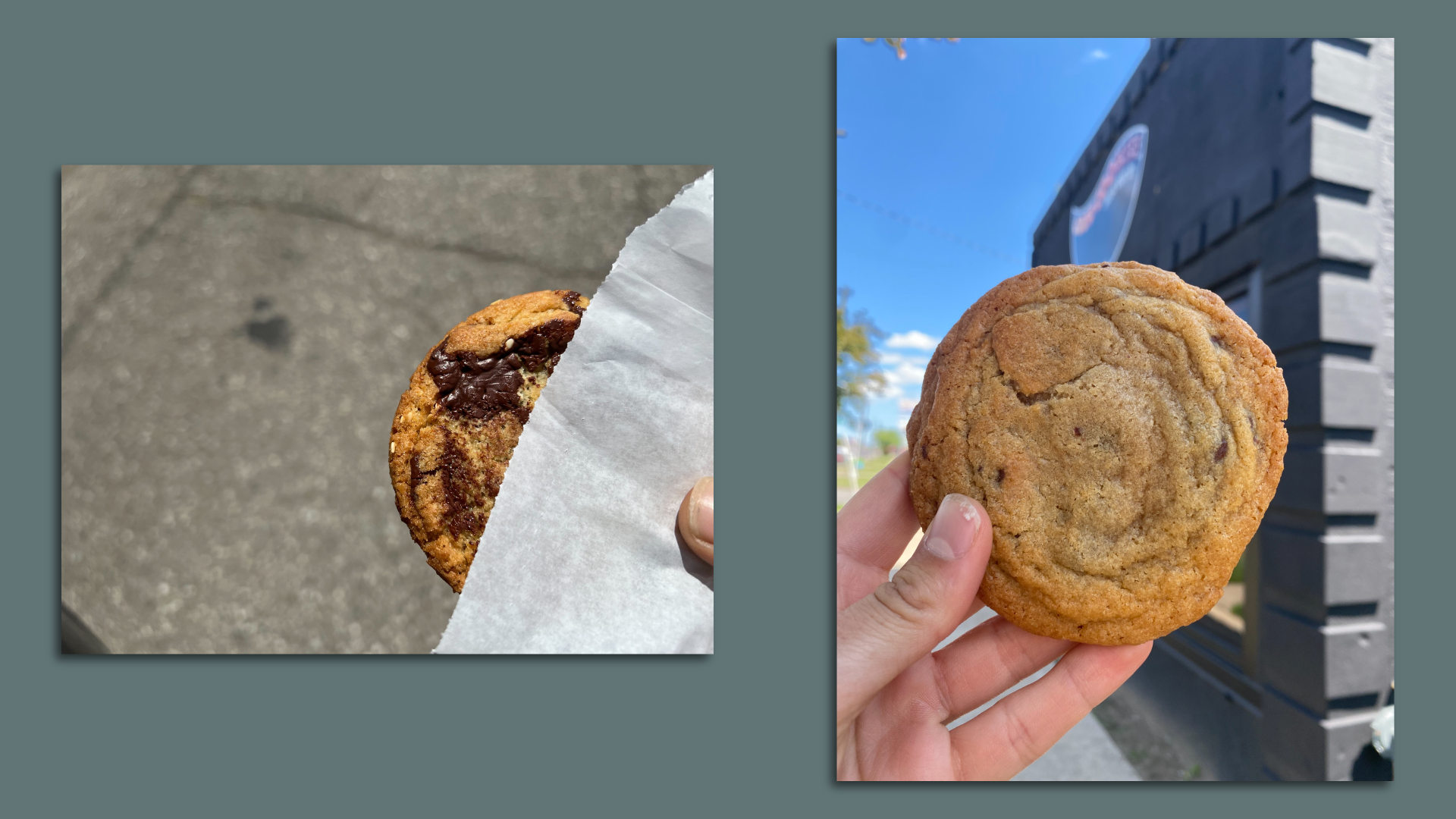 Two chocolate chip cookies are shown in separate images.