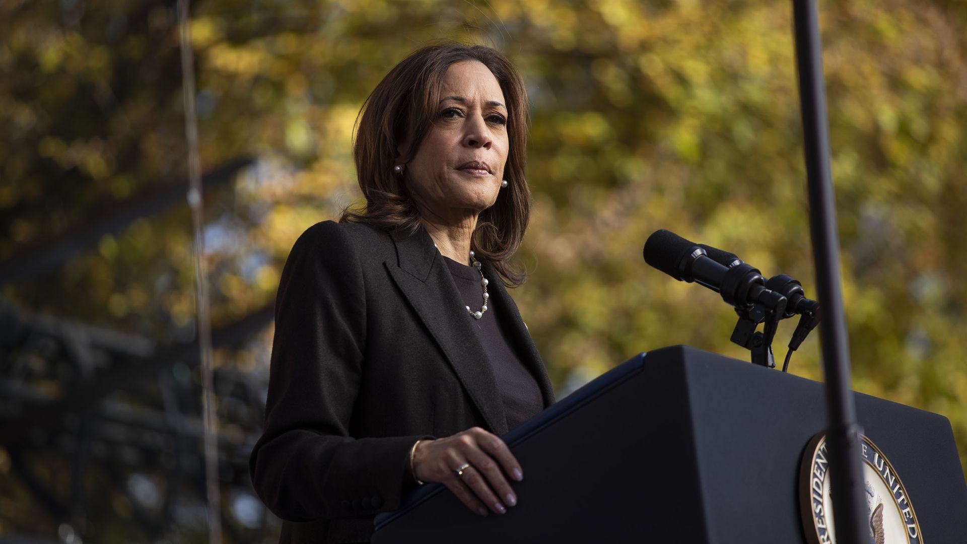 Democratic presidential nominee Vice President Kamala Harris speaks at a campaign event on October 18, 2024 in Grand Rapids, Michigan.