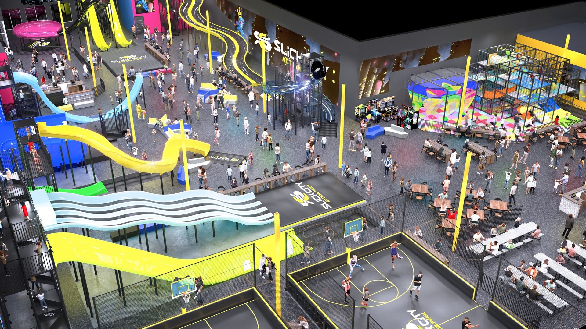 Indoor activity park with colorful slides, climbing structures, basketball courts, arcade games, and seating areas filled with people enjoying various activities.