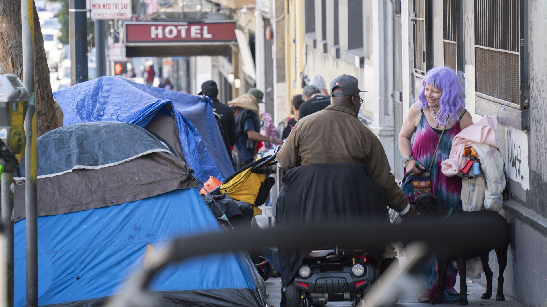 SAN FRANCISCO, CA - AUGUST 18: Homeless people and tents are seen on a sidewalk at the Tenderloin District on August 18, 2023 in San Francisco, California. (Photo by Liu Guanguan/China News Service/VCG via Getty Images)