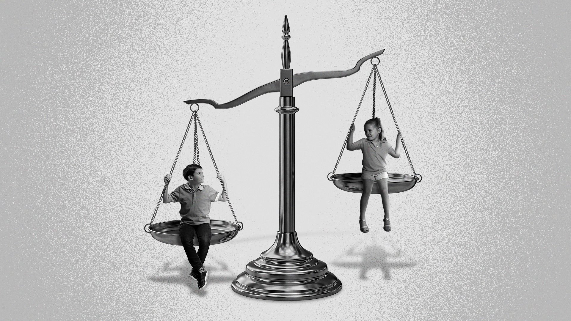Illustration of kids sitting on the scales of justice like swings.