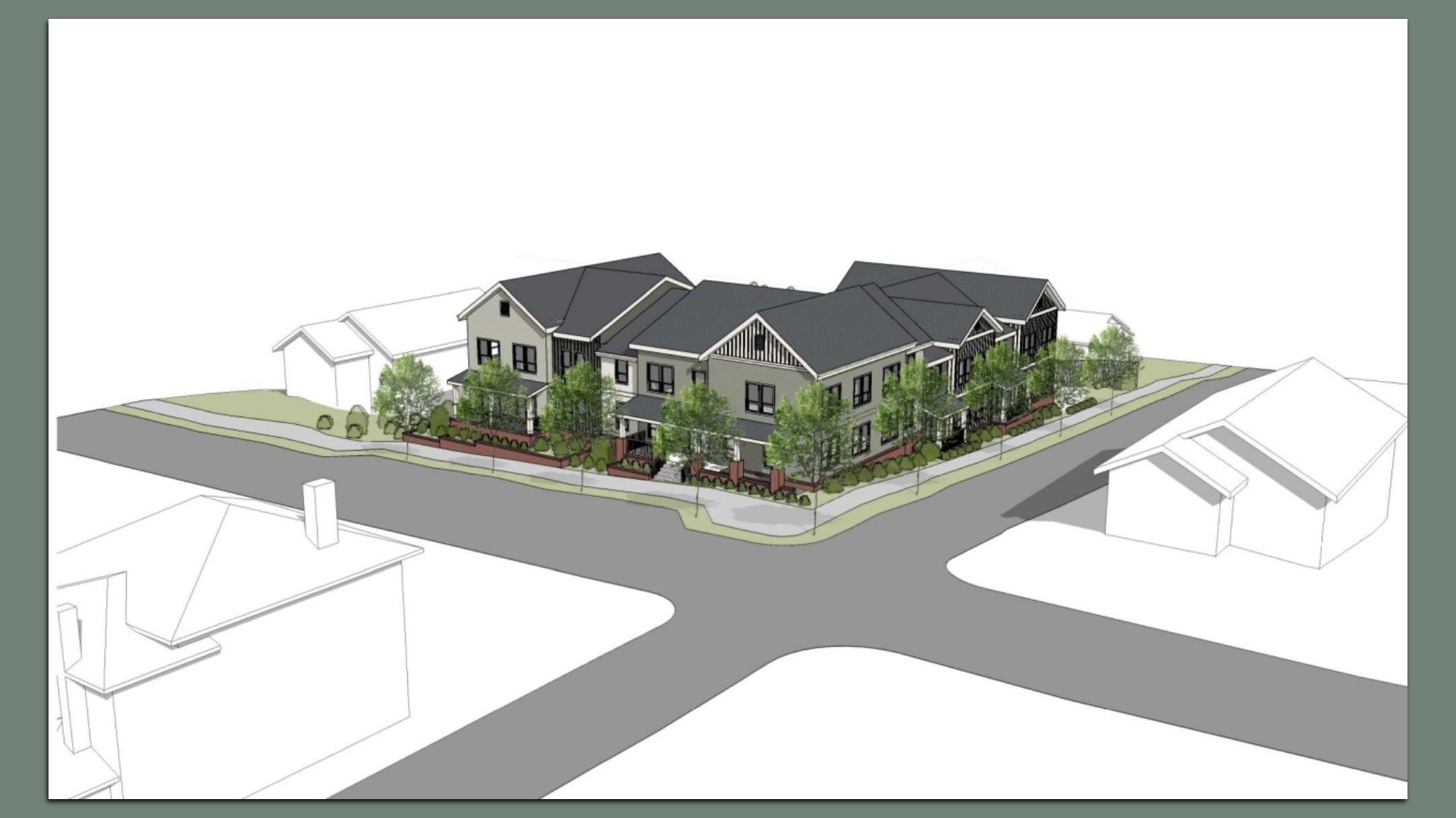 A 3D architectural rendering of a two-story residential building with dark gray roofs, beige siding, and numerous windows, surrounded by green trees and landscaping on a corner lot.