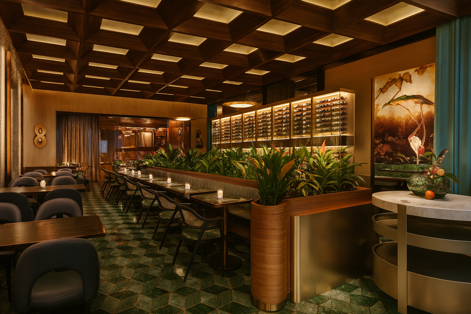 Warm, upscale restaurant interior with a long dining row, seating on both sides, a plant-filled divider, backlit wine display, geometric wooden ceiling, a large artwork, and a marble rounded bar.