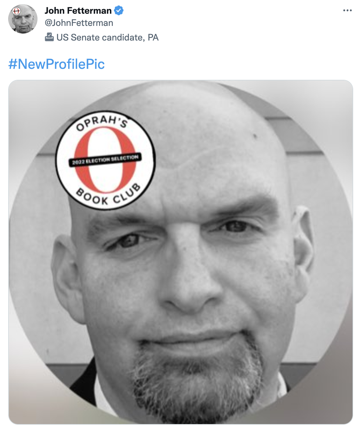 A tweet from John Fetterman with an Oprah's Book Club sticker over his face.