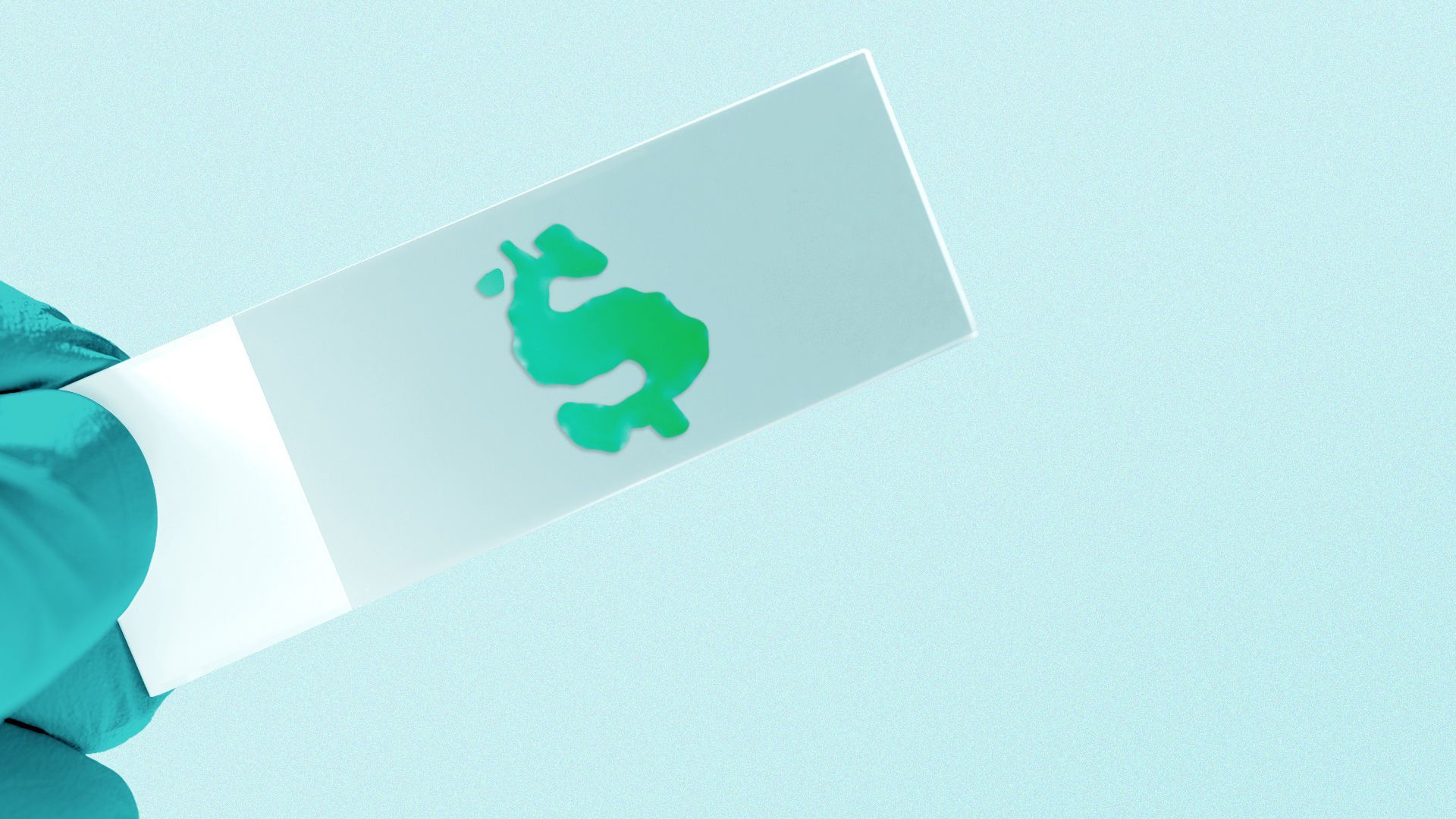 Illustration of a hand holding a microscope slide with a liquid sample forming a dollar sign.