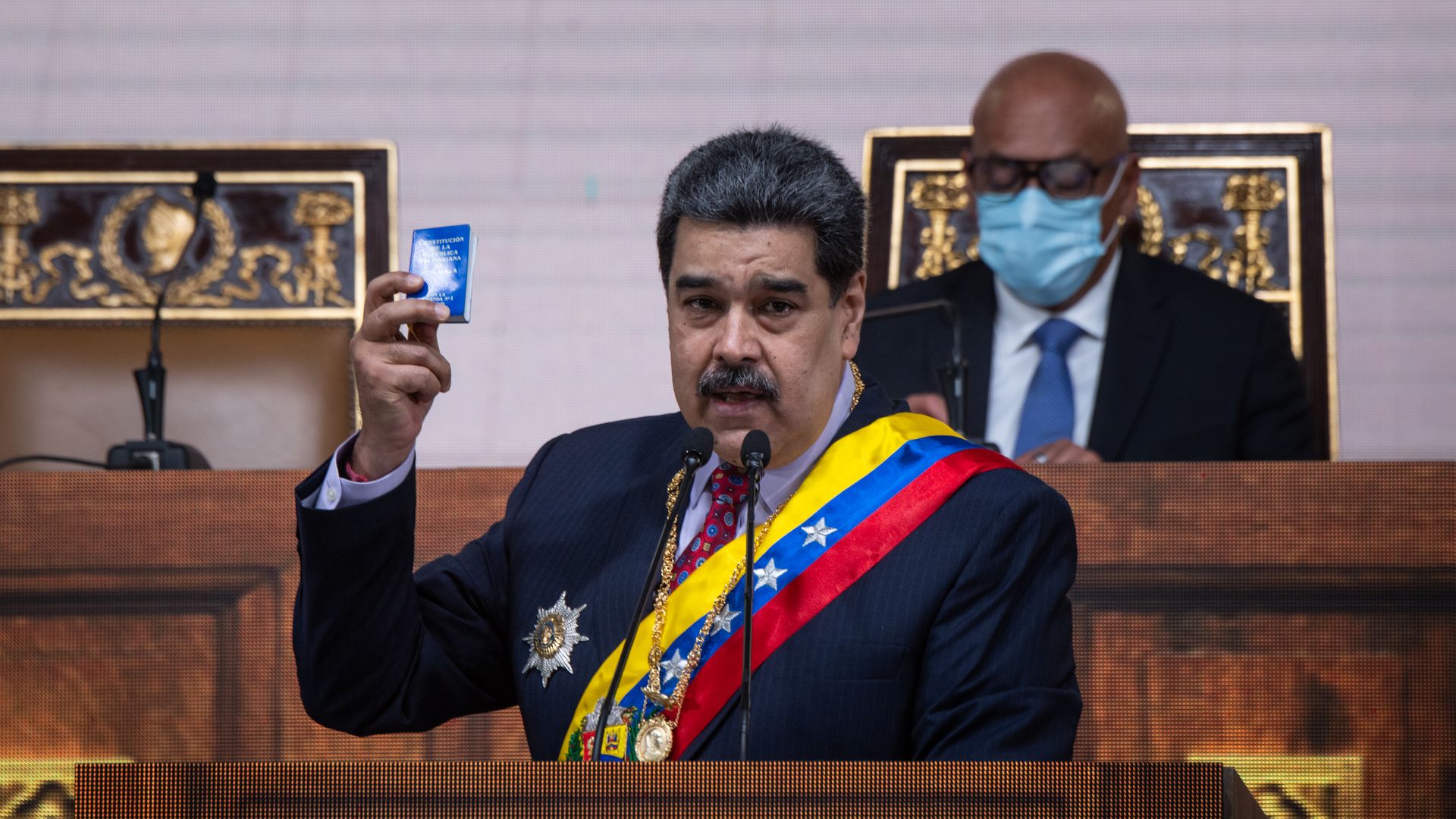 Nicolas Maduro, Venezuela's president, delivers a State of the Union address at the National Assembly in Caracas, Venezuela, on Saturday, Jan. 15, 2022.