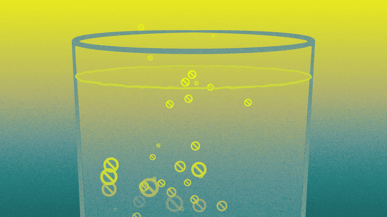 Animated illustration of a glass of fizzy liquid with the bubbles made out of no signs.